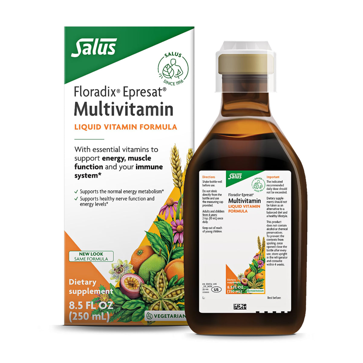 Floradix Epresat: botella de 251 ml para energía diaria y fácil uso.