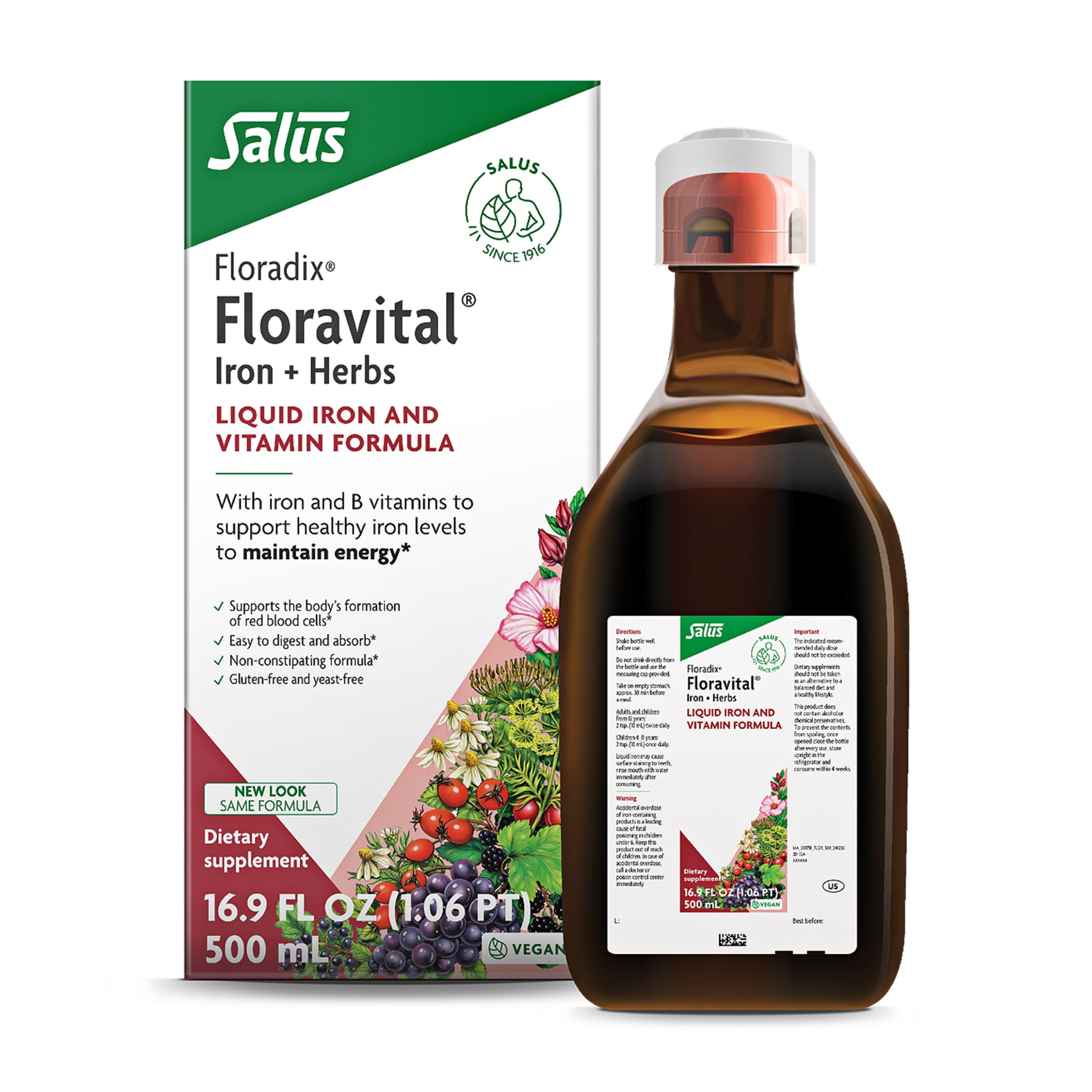 Floradix Floravital: botella de líquido de hierro para apoyo suave de energía diaria.