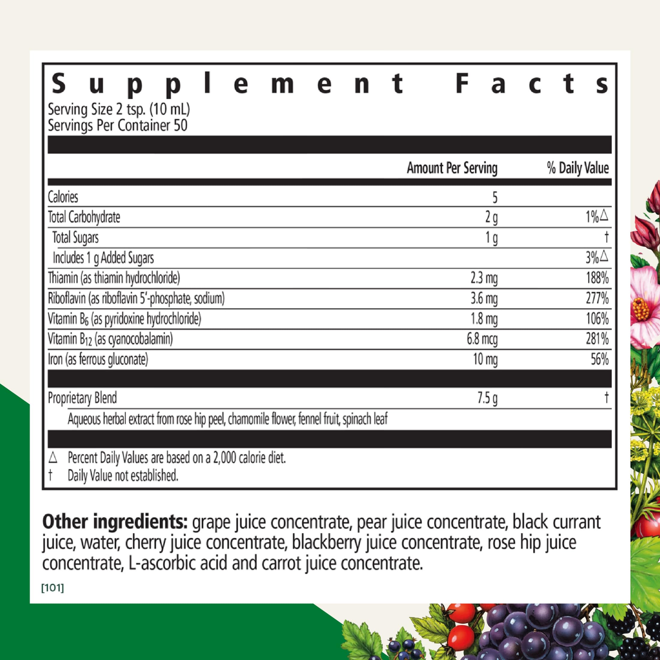 Floradix Floravital: etiqueta con vitaminas B y C para apoyar la absorción de hierro.
