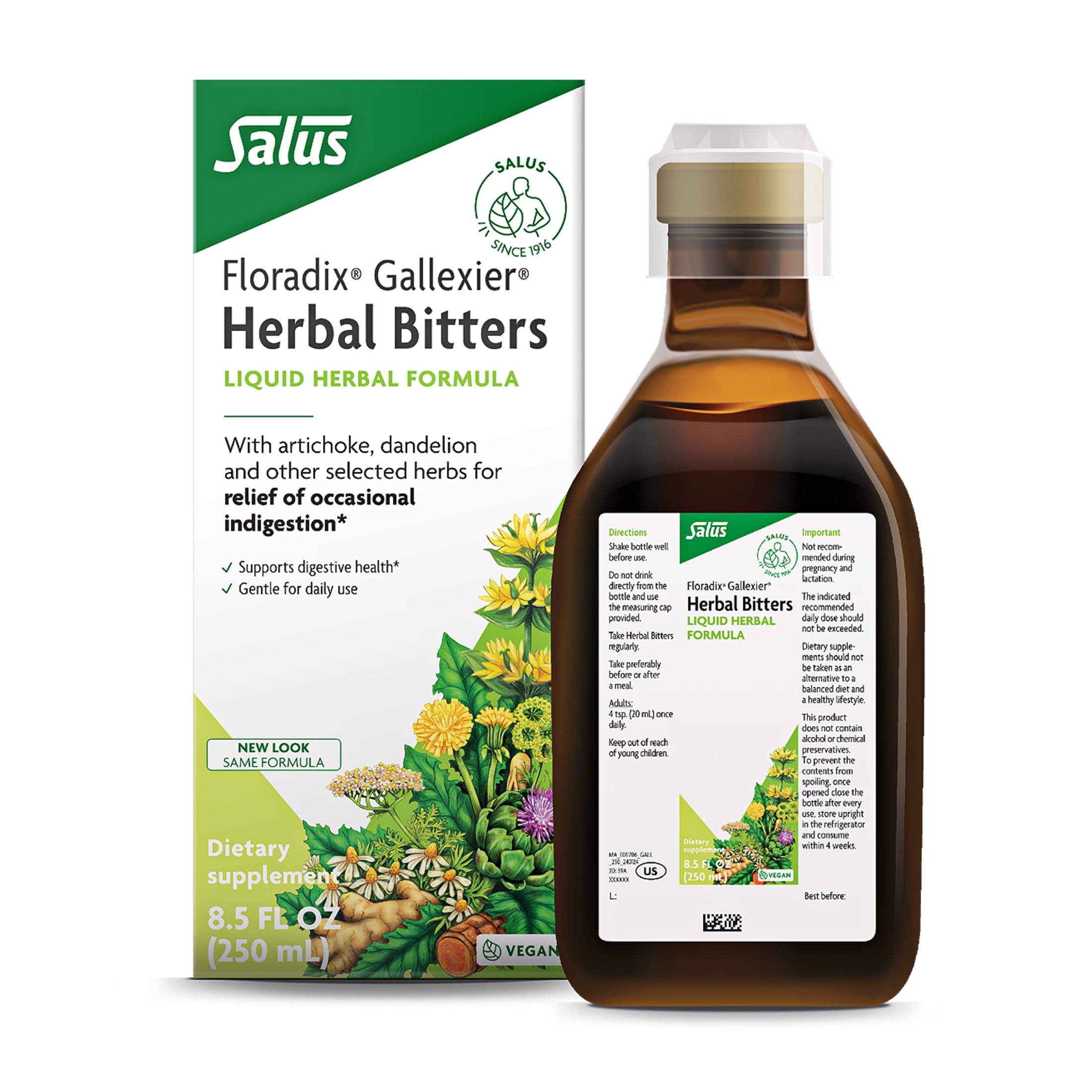 Floradix Gallexier: botella vertiendo para un cuidado digestivo suave tras las comidas.