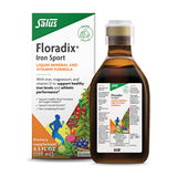 Floradix Hierro Deporte, botella vertiendo, complemento suave para deportistas
