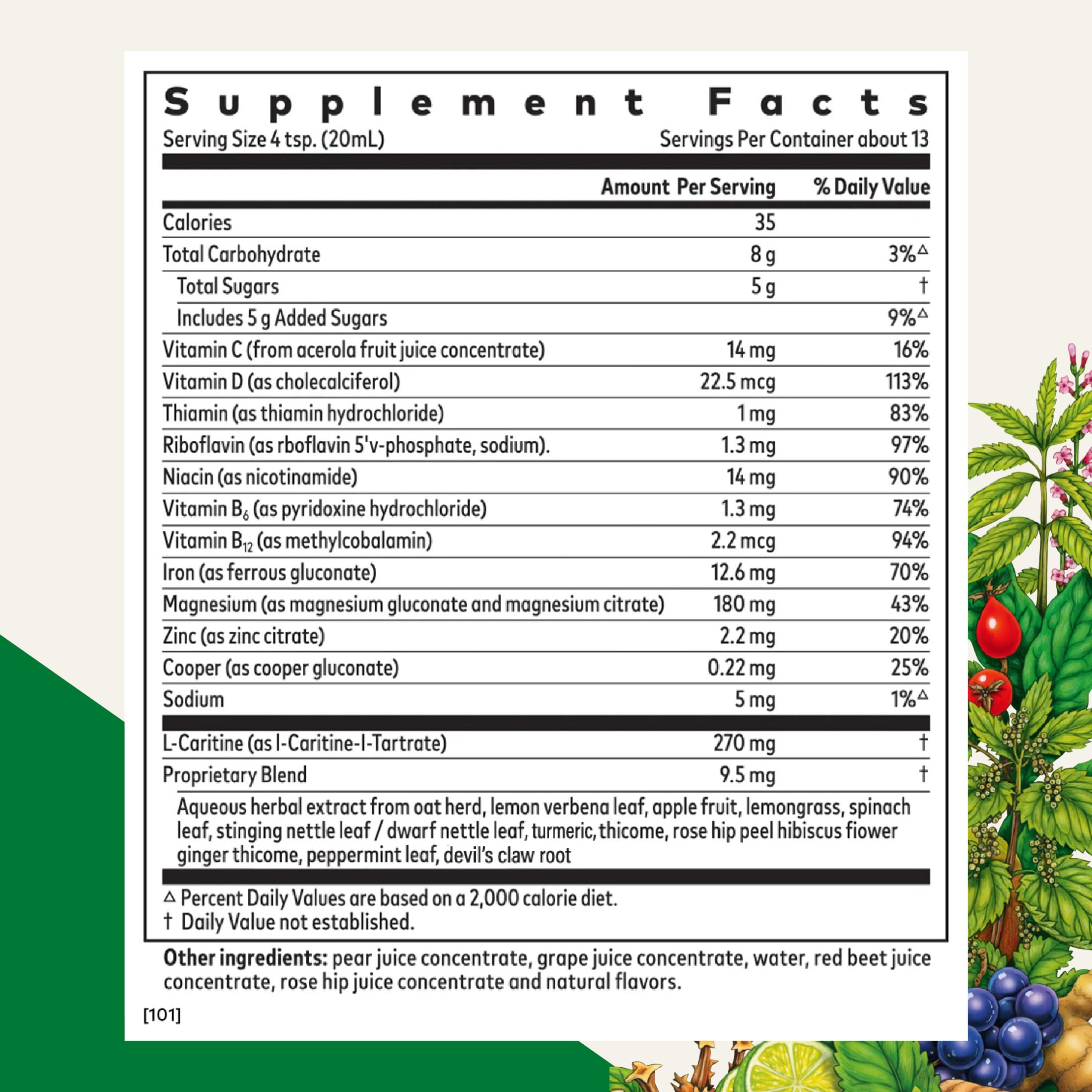 Floradix Hierro Deporte, etiqueta frontal, fórmula con hierro y vitaminas