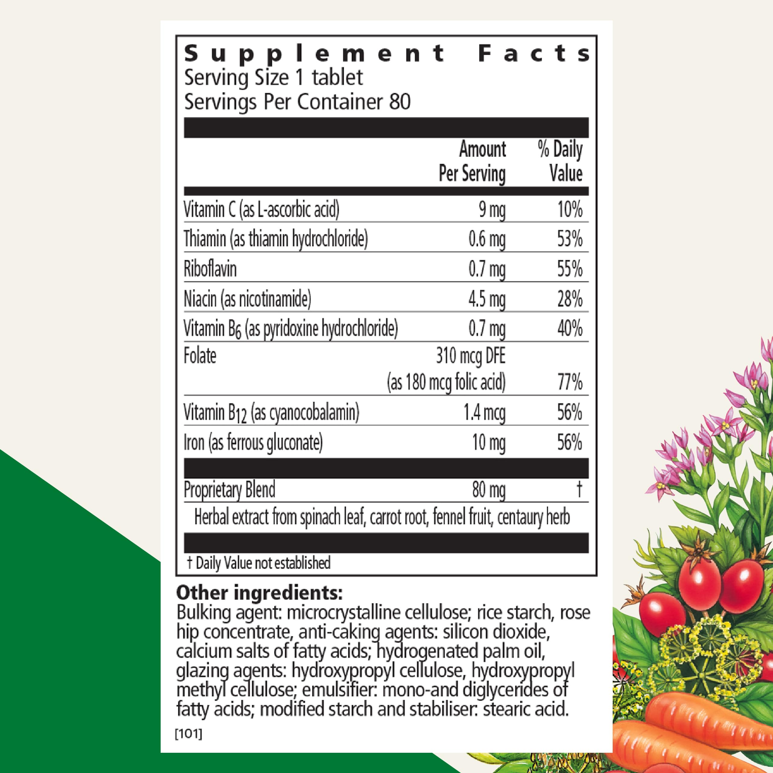 Frasco de Floradix Hierro, tabletas para uso diario sin gluten.