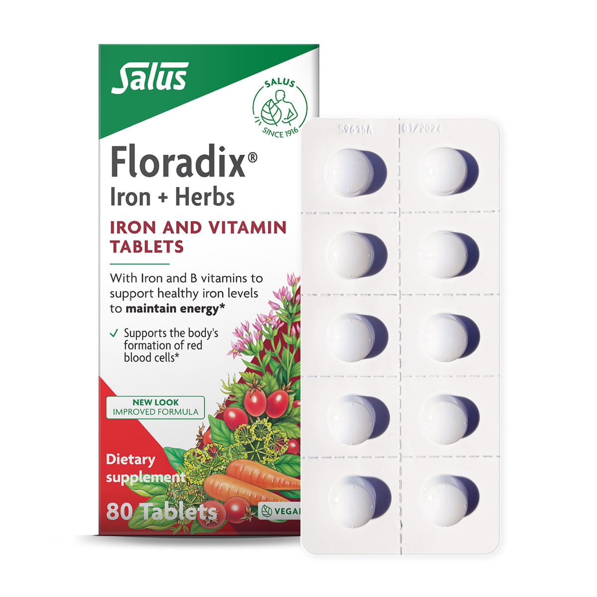 Floradix Hierro, caja del producto para apoyar la energía diaria.