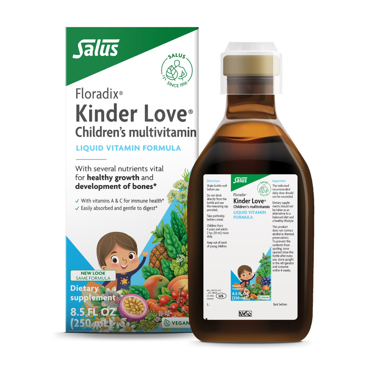 Floradix Kinder Love en botella, multivitamínico para niños, sabor agradable.