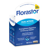 Florastor Acción doble Probiótico, botella vertida, mejora la digestión y apoya la inmunidad diaria.
