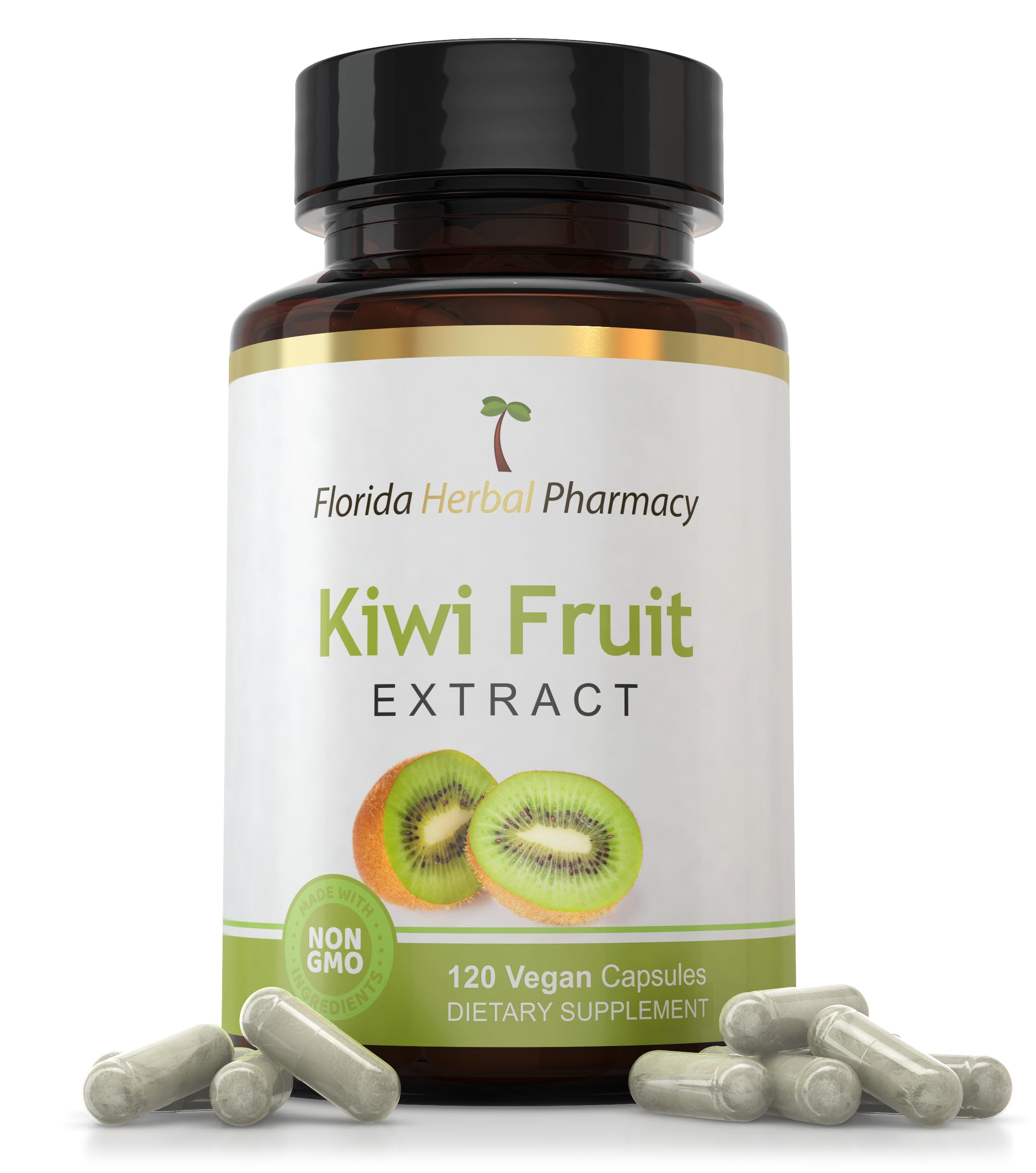Cápsulas de Kiwi extract de Florida Herbal Pharmacy en botella, para uso diario tras las comidas.