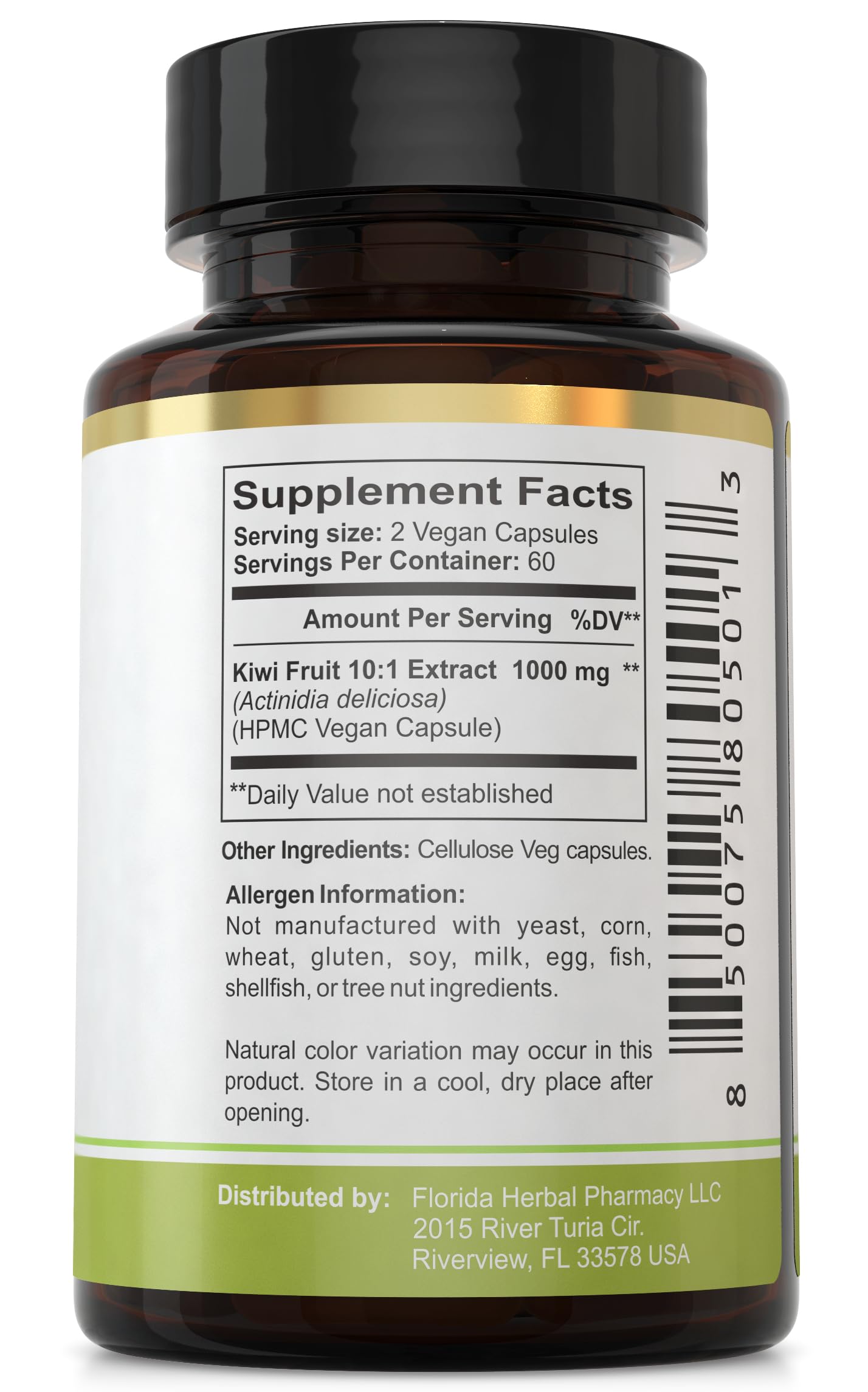 Paquete de cápsulas Kiwi extract Florida Herbal Pharmacy, muestra tamaño y suministro de dos meses.