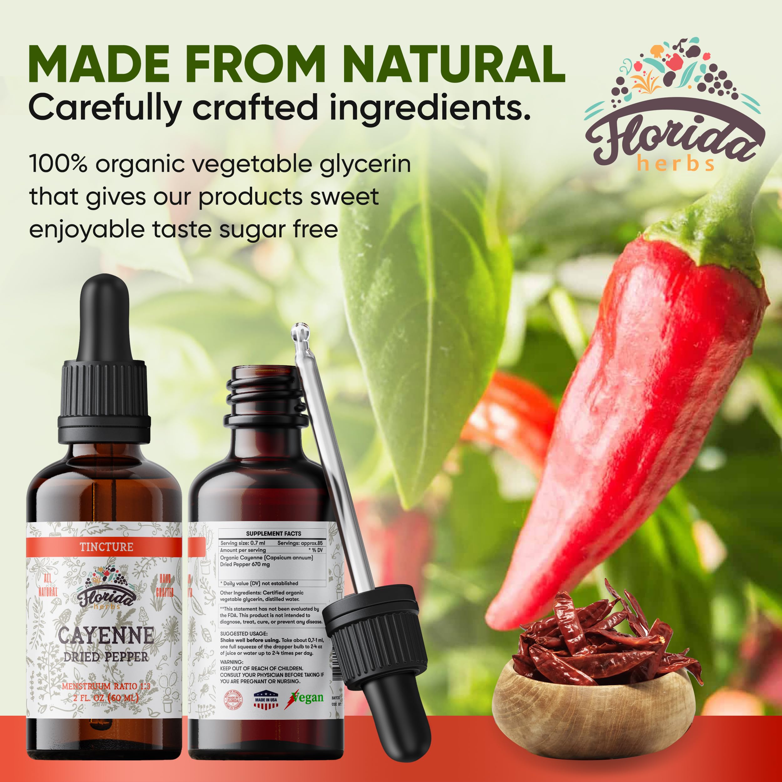 FLORIDA HERBS Cayenne etiqueta orgánica que destaca ingredientes naturales.
