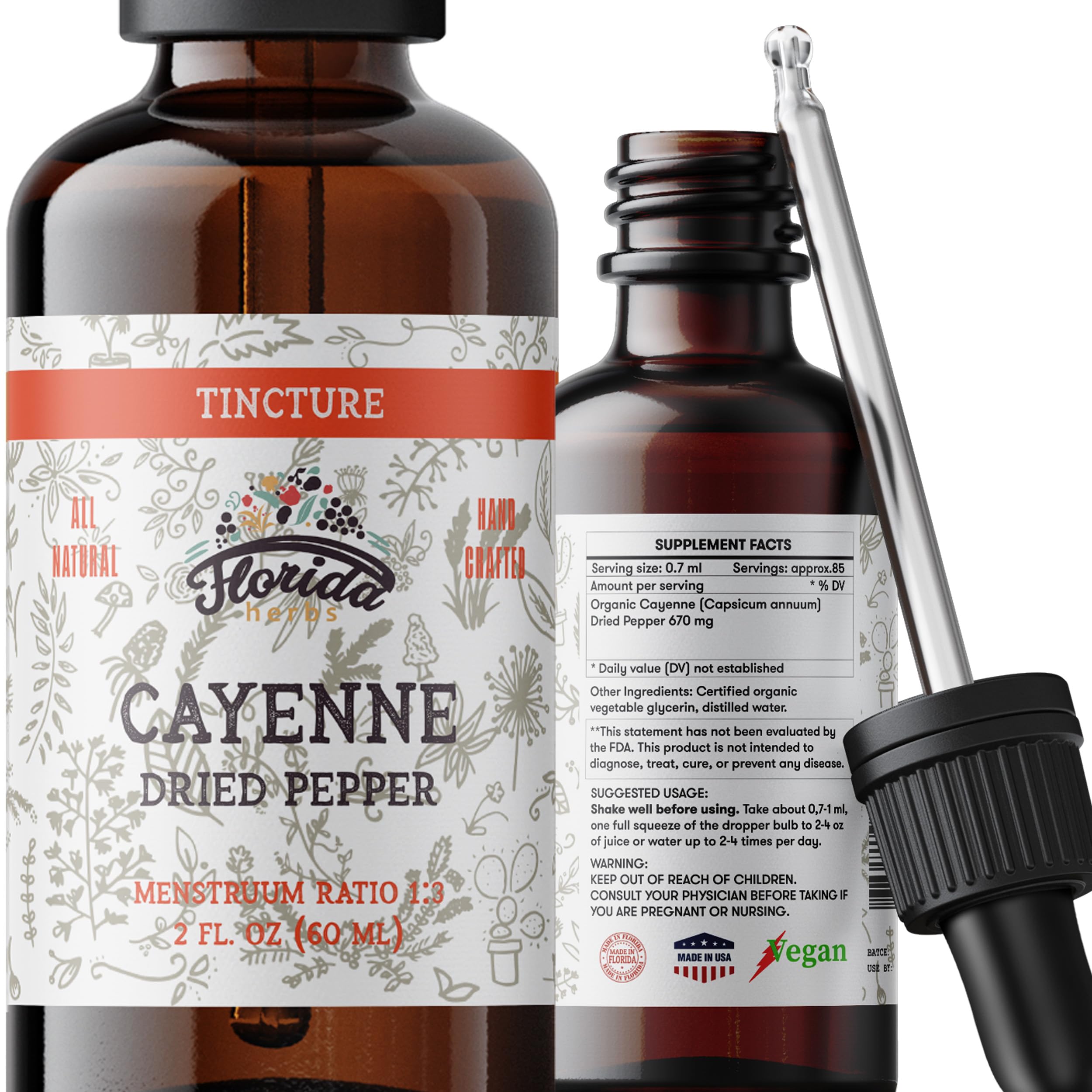 FLORIDA HERBS Cayenne extracto en botella para sabores intensos en la cocina.
