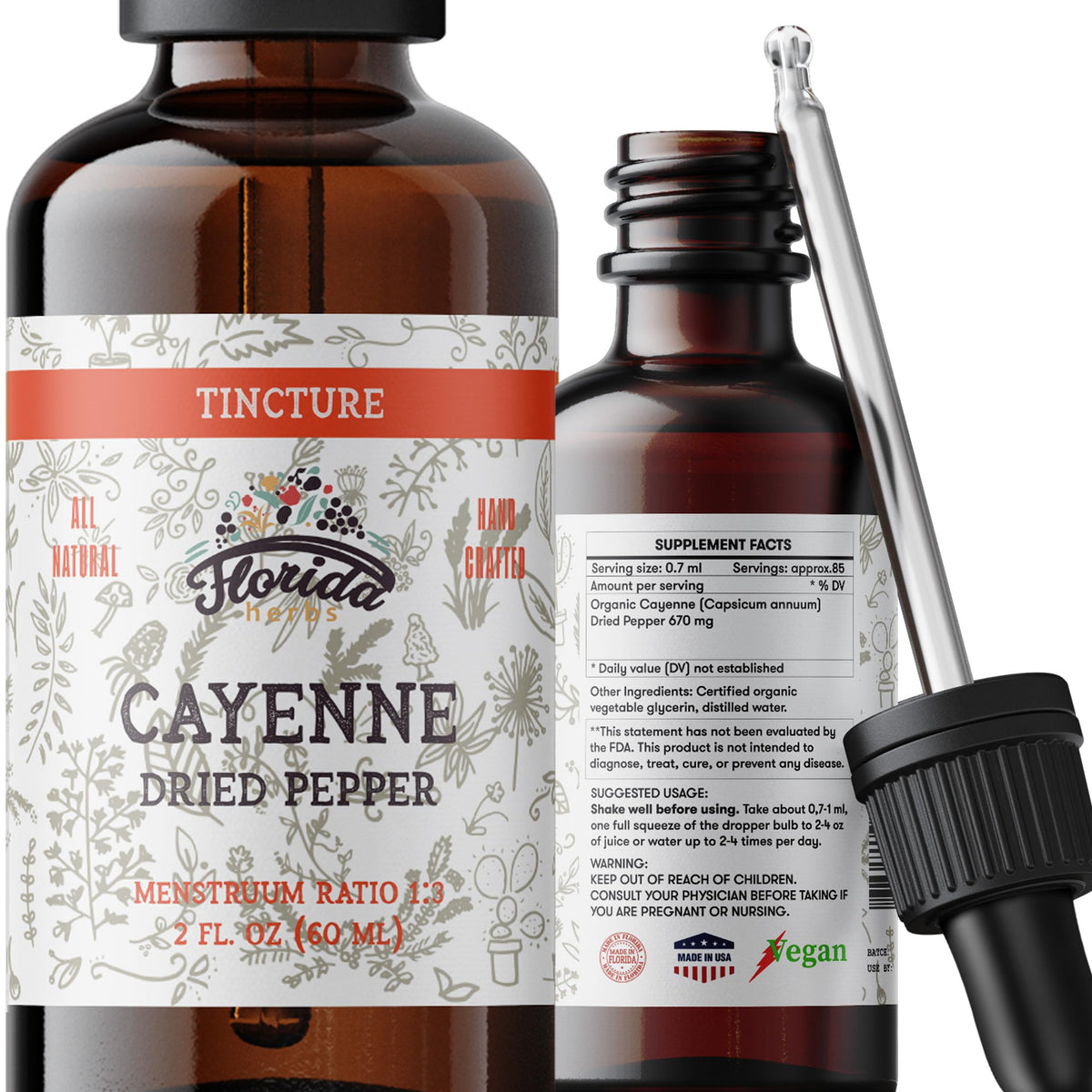 FLORIDA HERBS Cayenne extracto en botella para sabores intensos en la cocina.