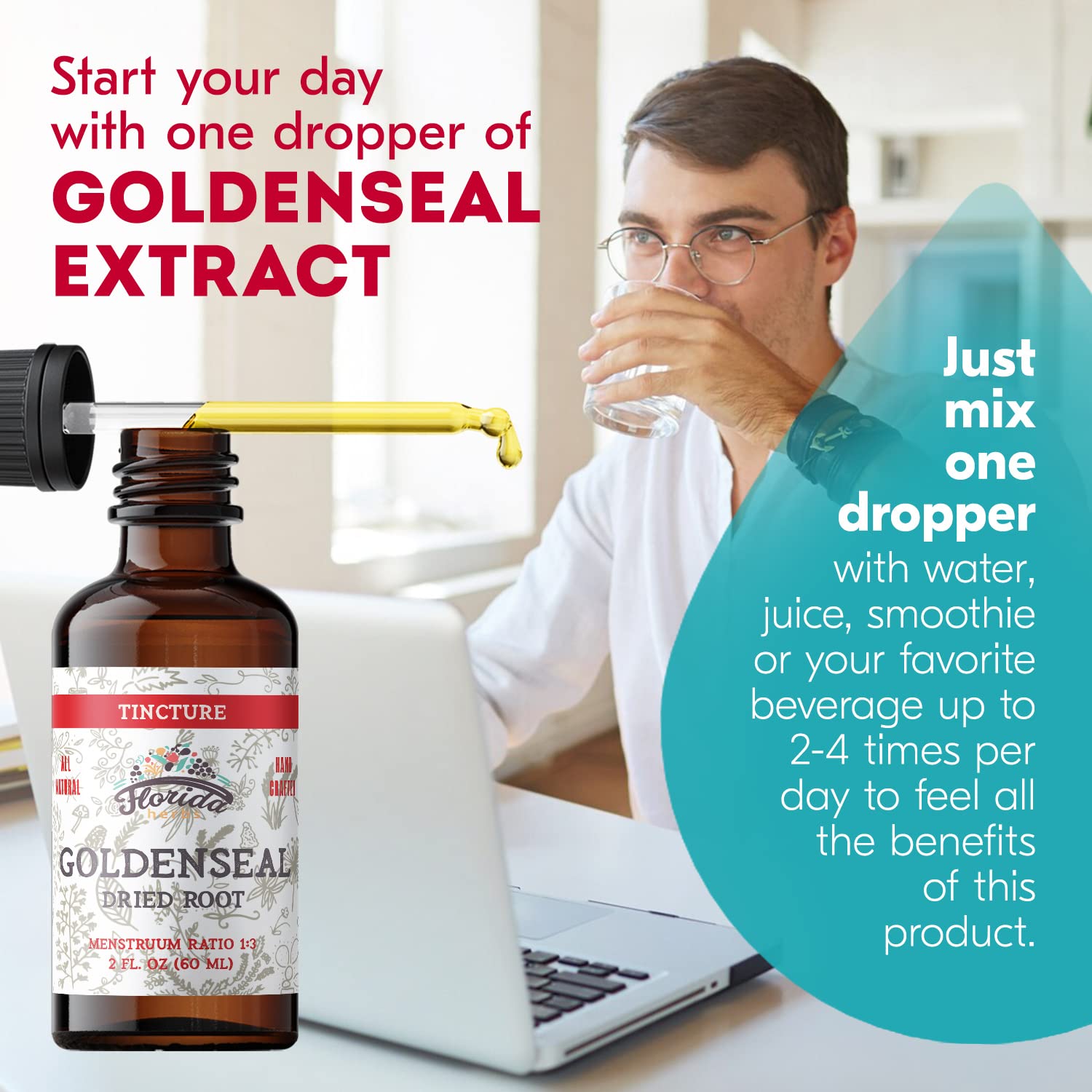 Aroma herbal suave de Goldenseal Tincture FLORIDA HERBS para uso diario.