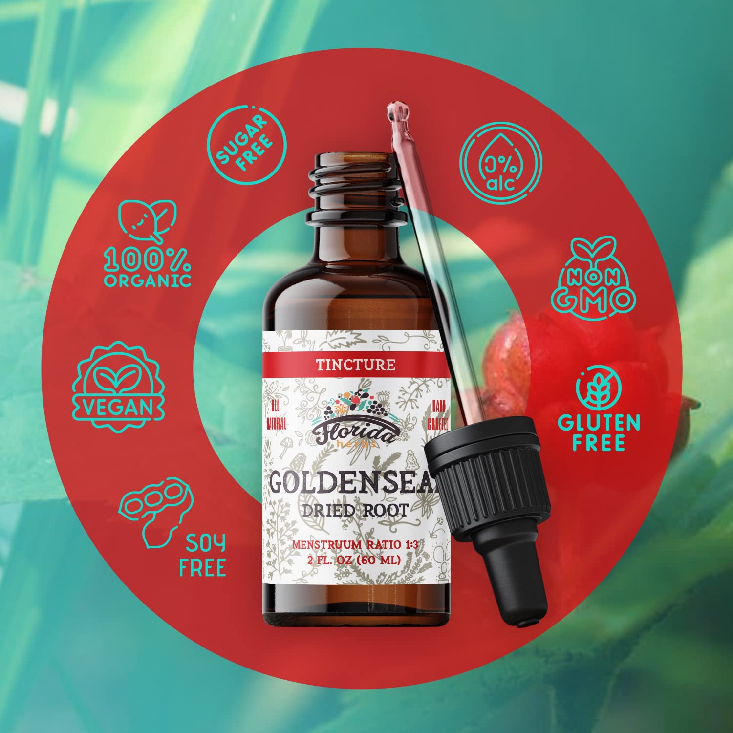 Gotas veganas de Goldenseal Tincture FLORIDA HERBS para bienestar diario.