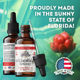 Producto hecho en Estados Unidos Goldenseal Tincture FLORIDA HERBS con control de calidad.