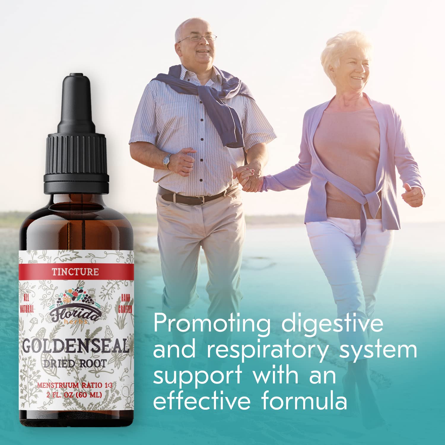 Presentación de Goldenseal Tincture FLORIDA HERBS en frasco oscuro protege la calidad.