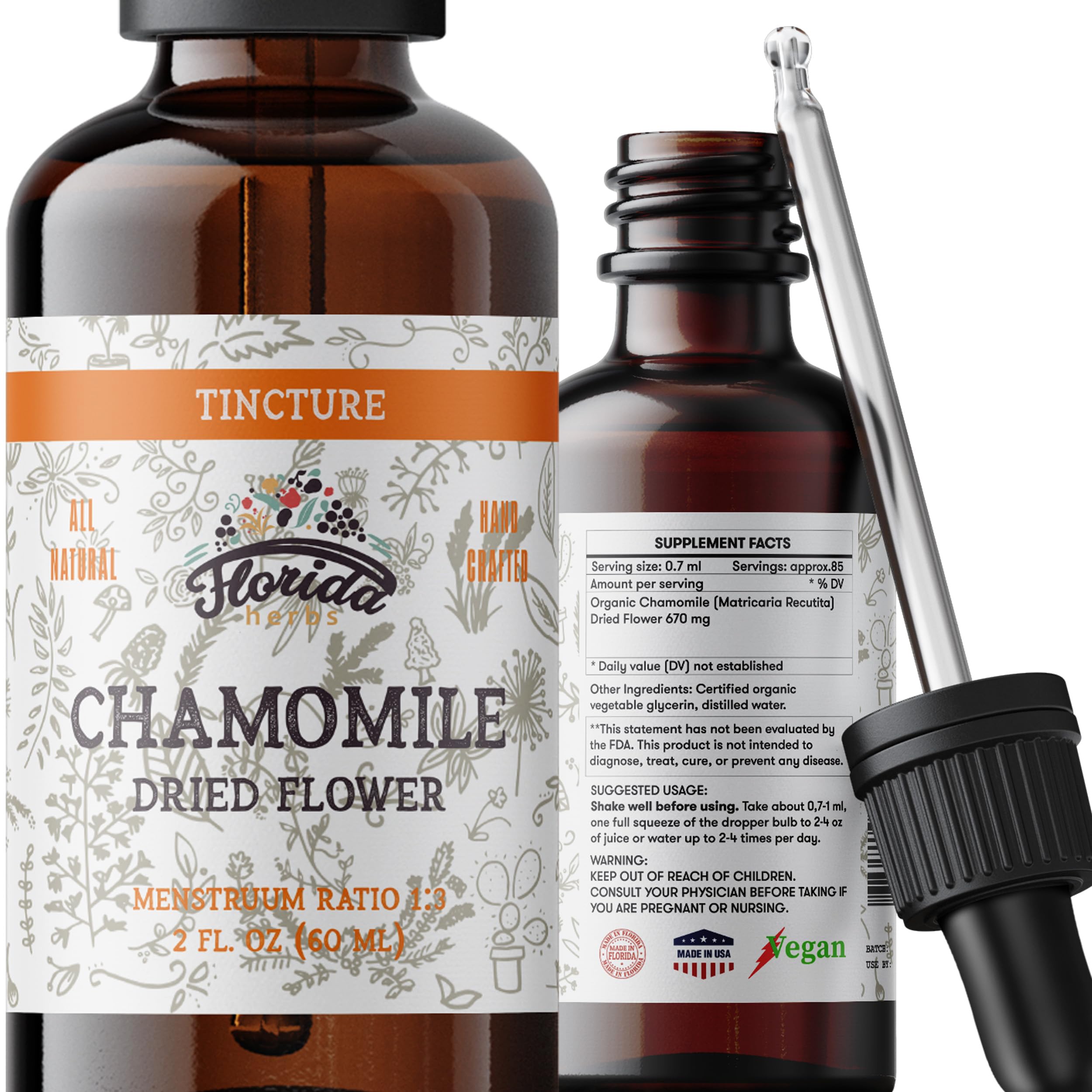 Frasco FLORIDA HERBS Tintura de manzanilla de 60 ml para relajación suave.