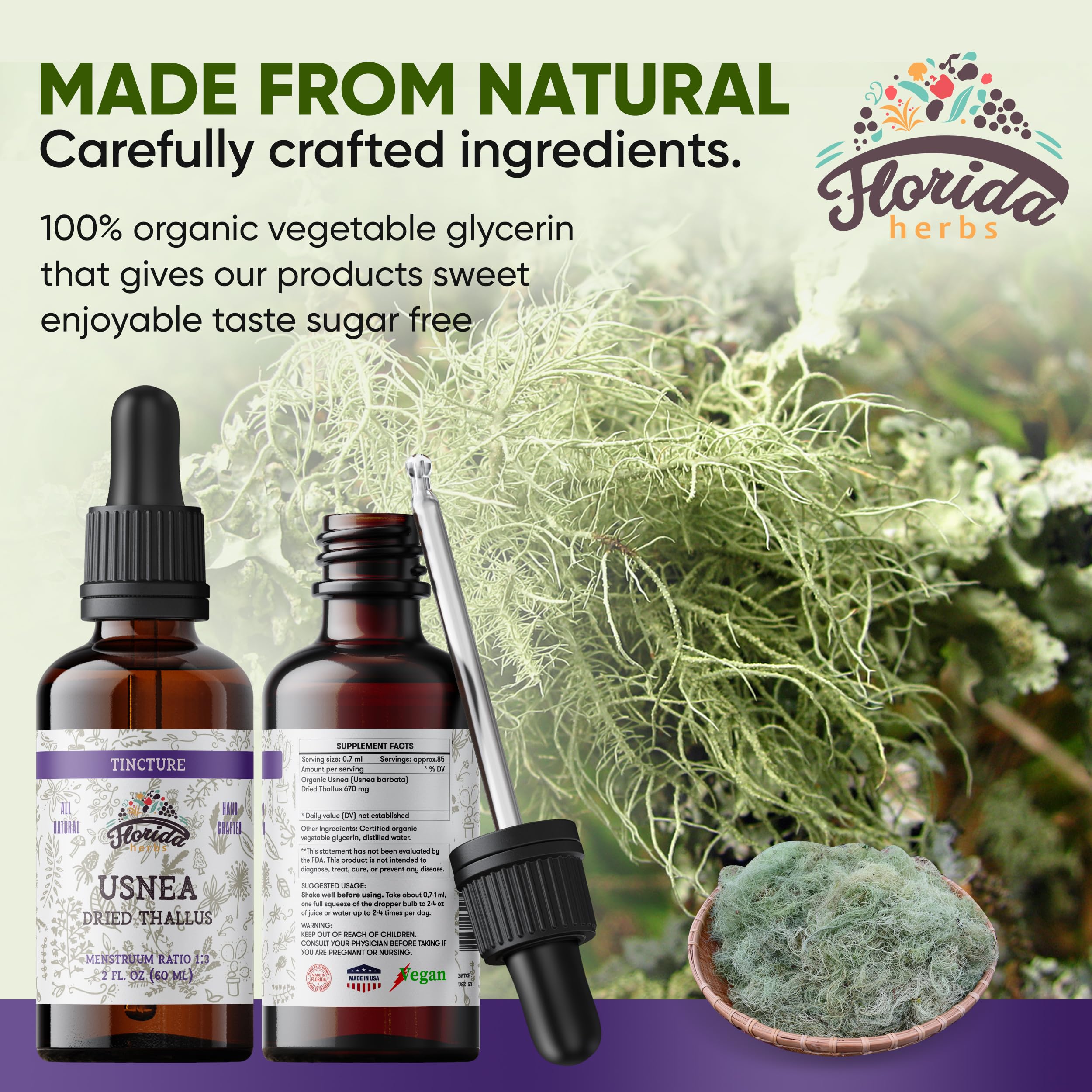 Etiqueta clara de Florida Herbs Usnea facilita identificación y uso responsable.