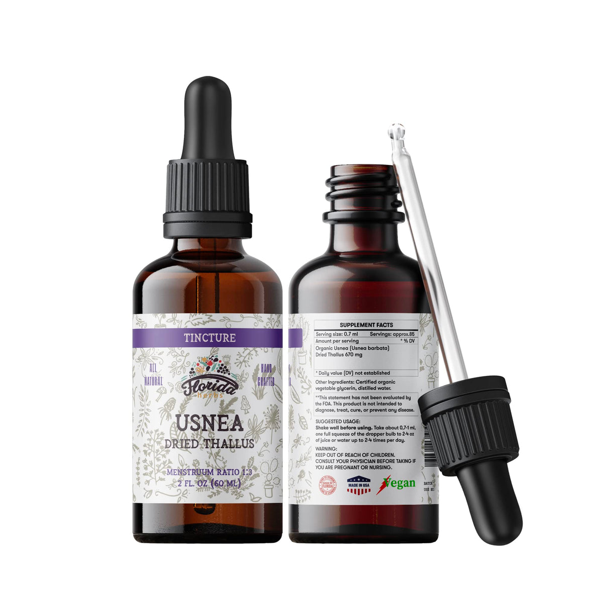Usnea sin alcohol de Florida Herbs, tintura en envase de 60 ml para uso diario.