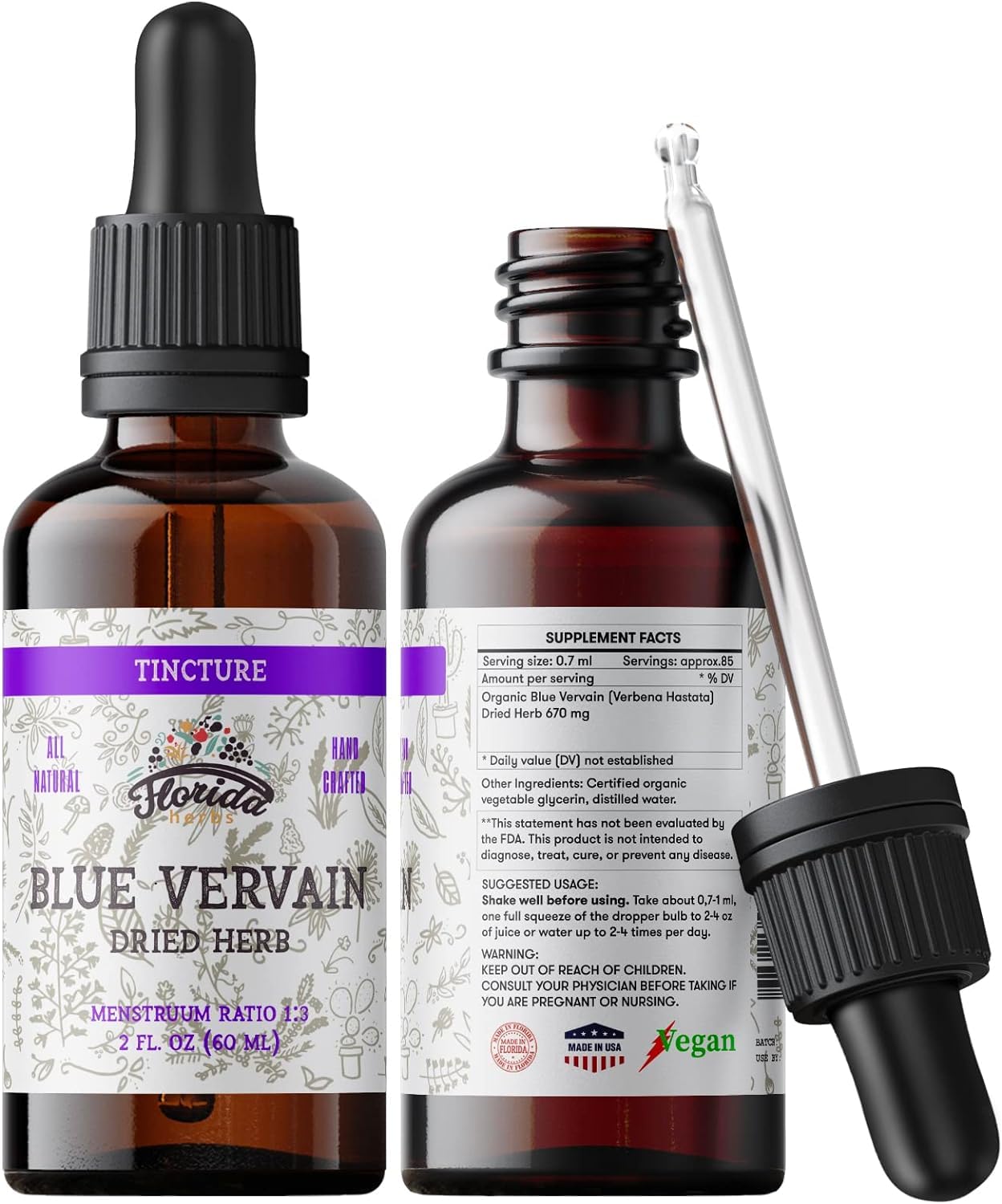 Florida Herbs Verbena Azul extracto en botella, aroma suave para bienestar diario