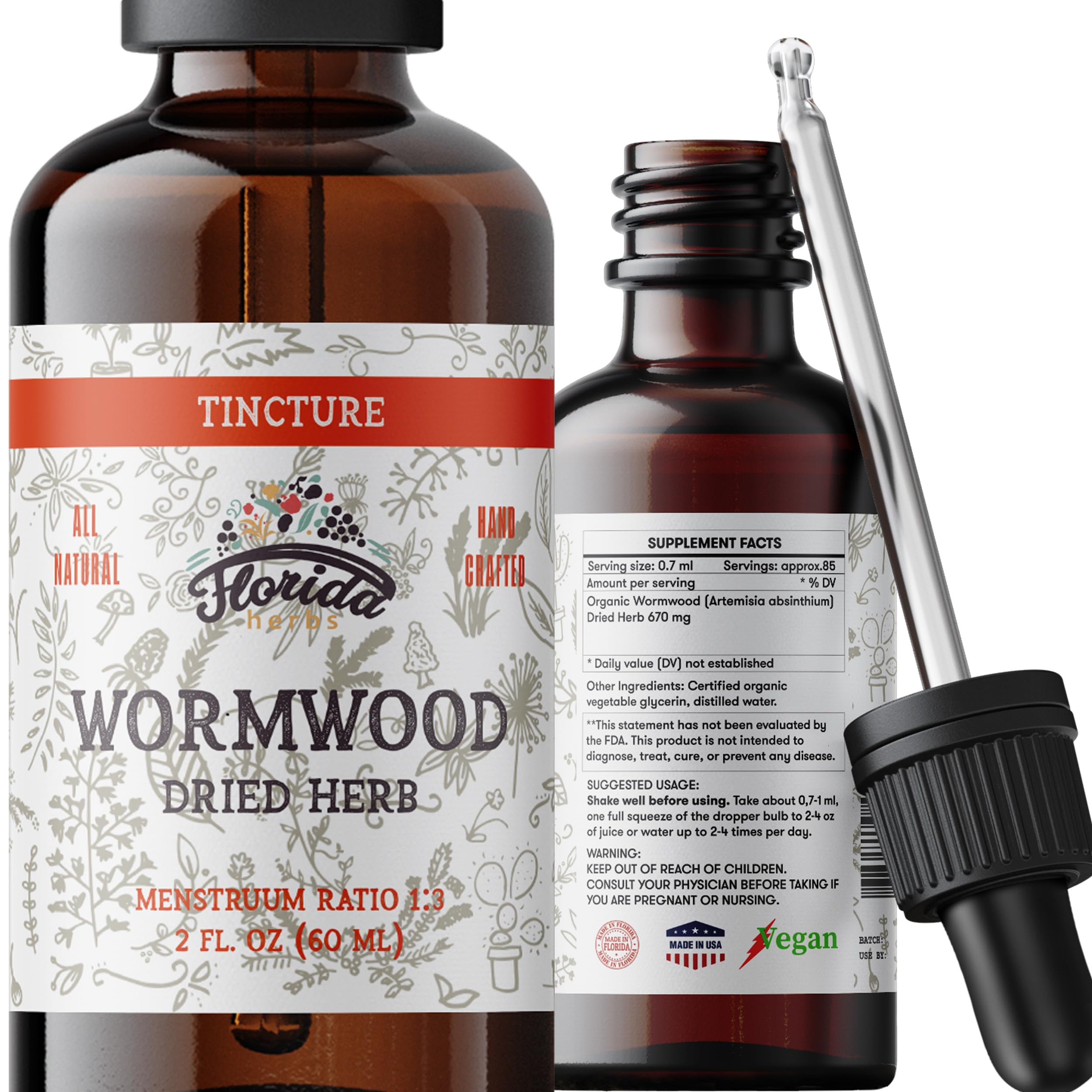 Florida Herbs Wormwood tintura, botella frontal, uso diario para apoyo digestivo.