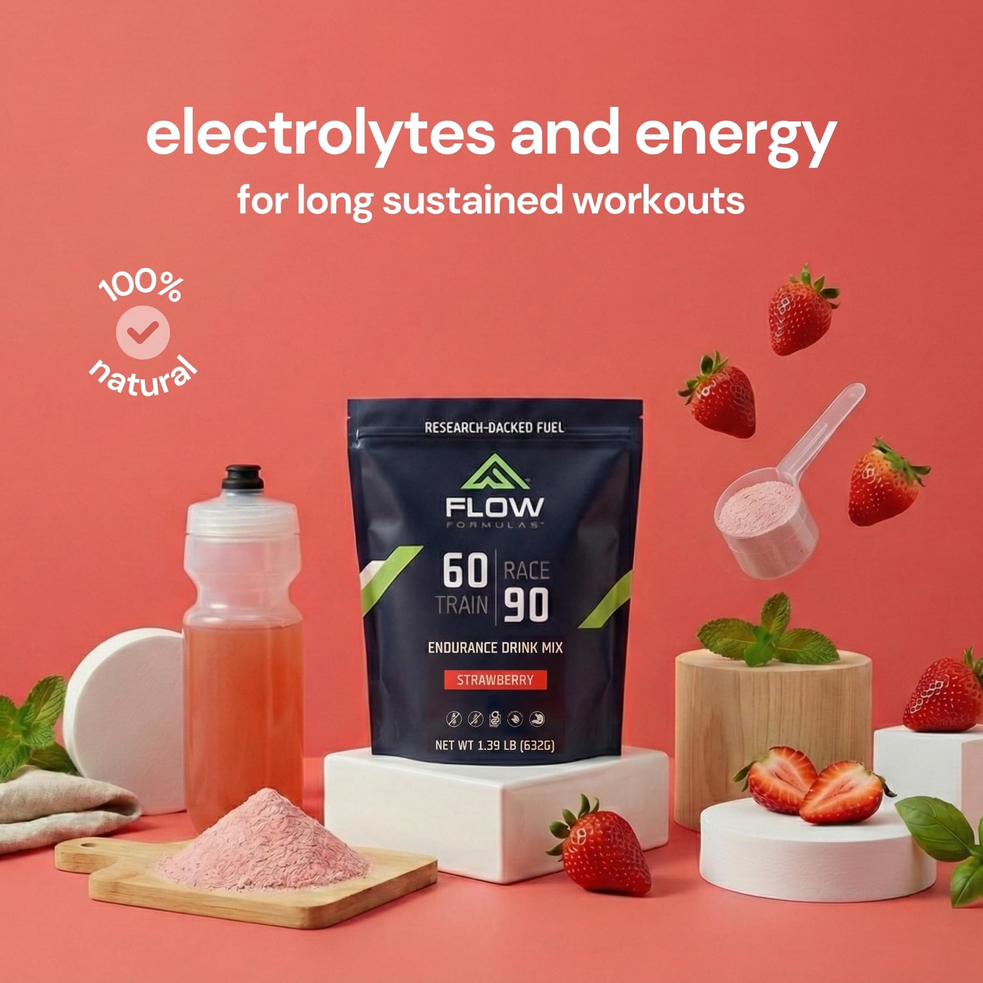Flow Formulas Endurance fresa se mezcla en vaso para hidratación sostenida.
