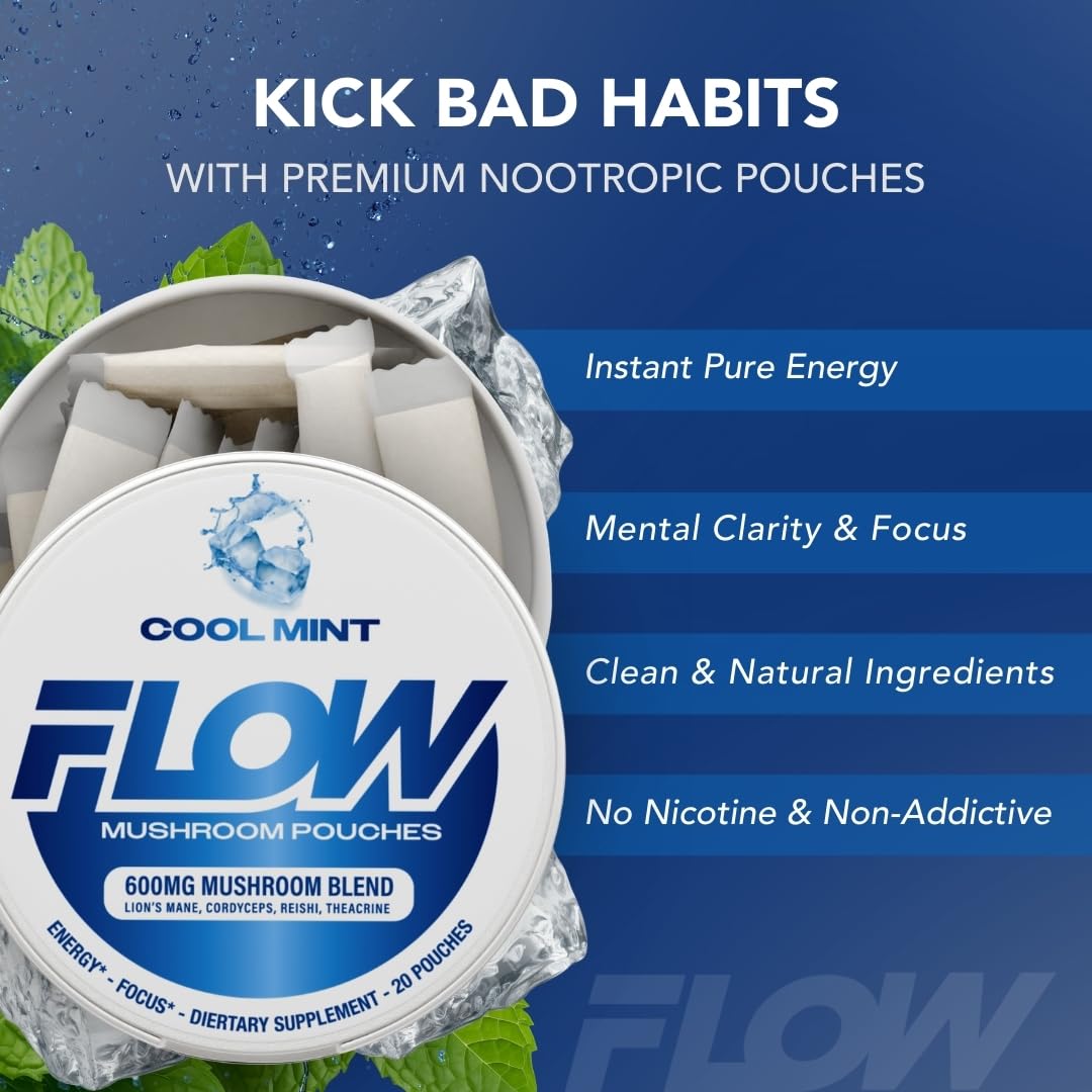 Flow Pouches hongo nootropico, melena de leon visible en etiqueta, enfoque sostenido.