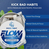 Flow Pouches hongo nootropico, melena de leon visible en etiqueta, enfoque sostenido.