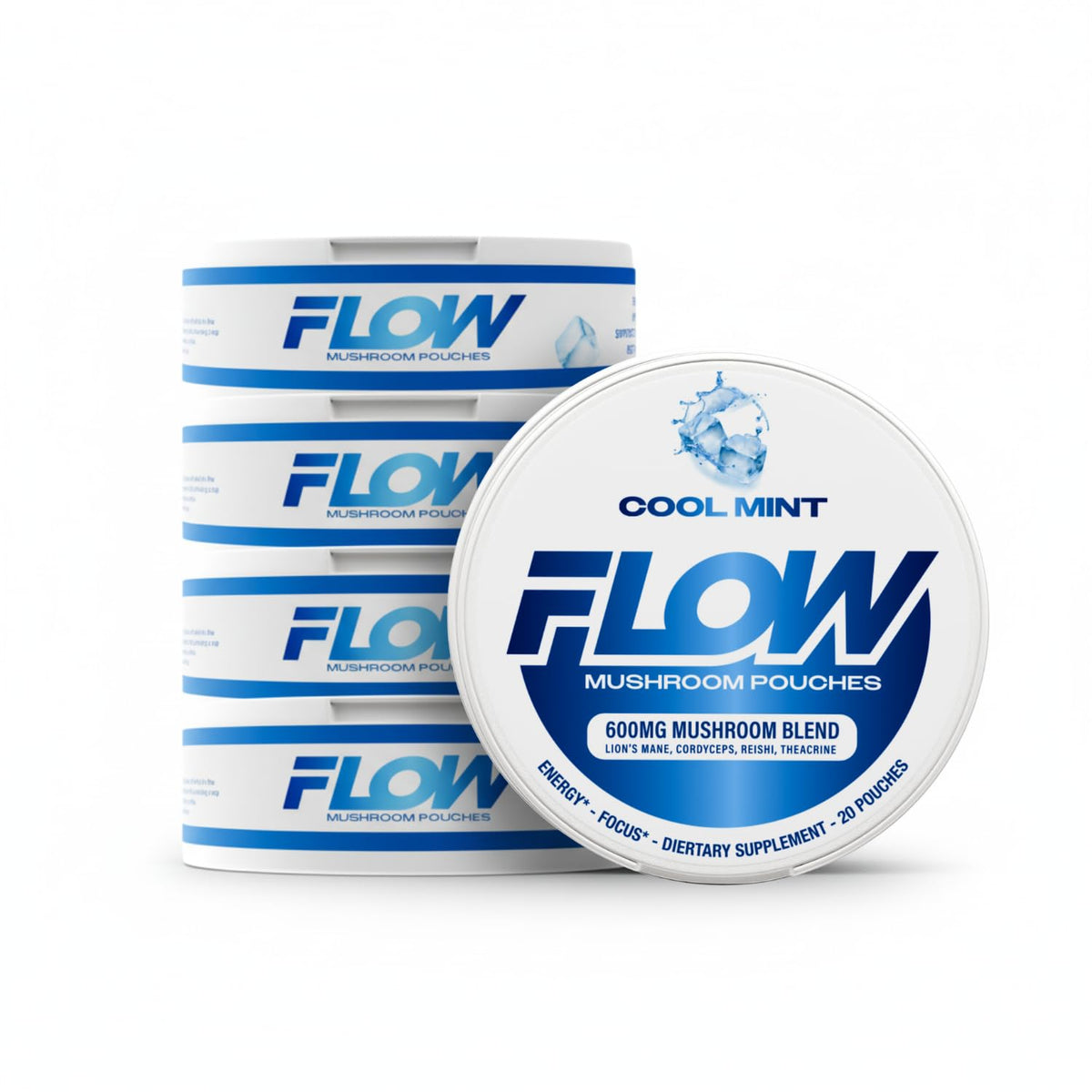 Flow Pouches hongo nootropico, visual menta fria, apoyo a la concentracion diaria.