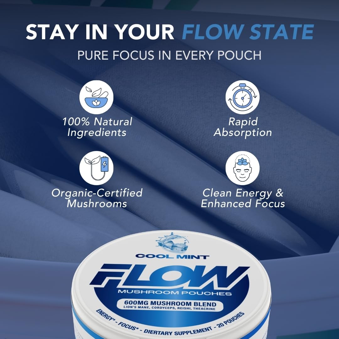 Flow Pouches hongo nootropico, reishi visible, apoyo a la claridad mental.