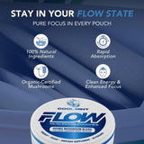 Flow Pouches hongo nootropico, reishi visible, apoyo a la claridad mental.