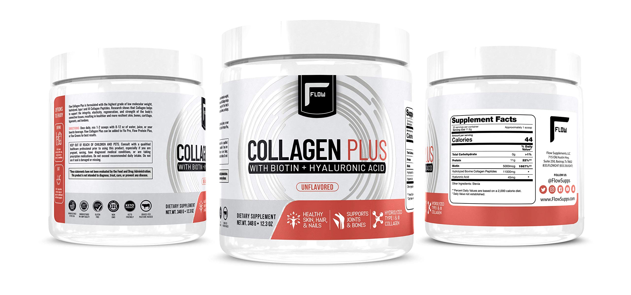 Ingredientes clave: ácido hialurónico y biotina en Flow Supps Colágeno.