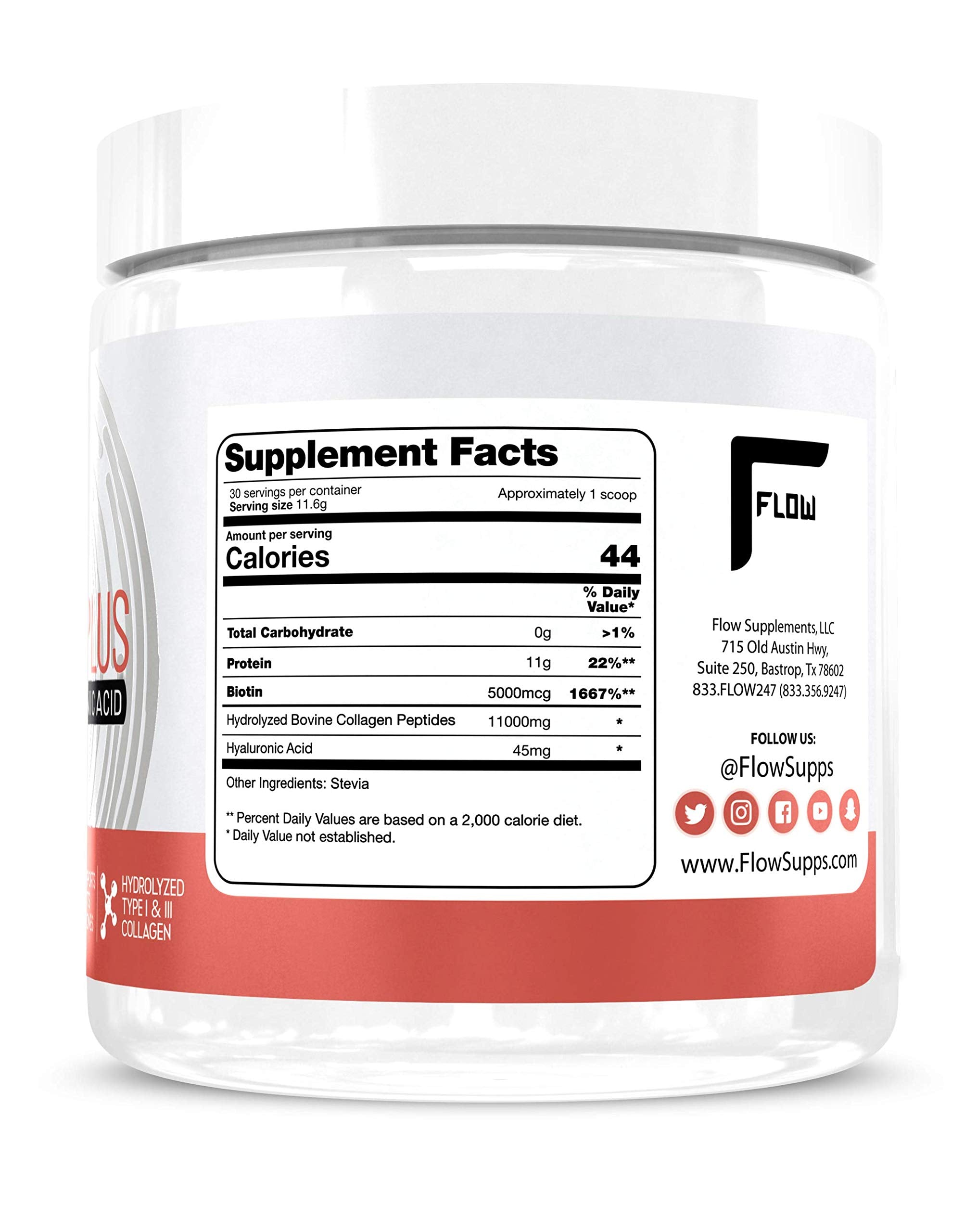 Vertido del polvo Flow Supps Colágeno en vaso para beber.