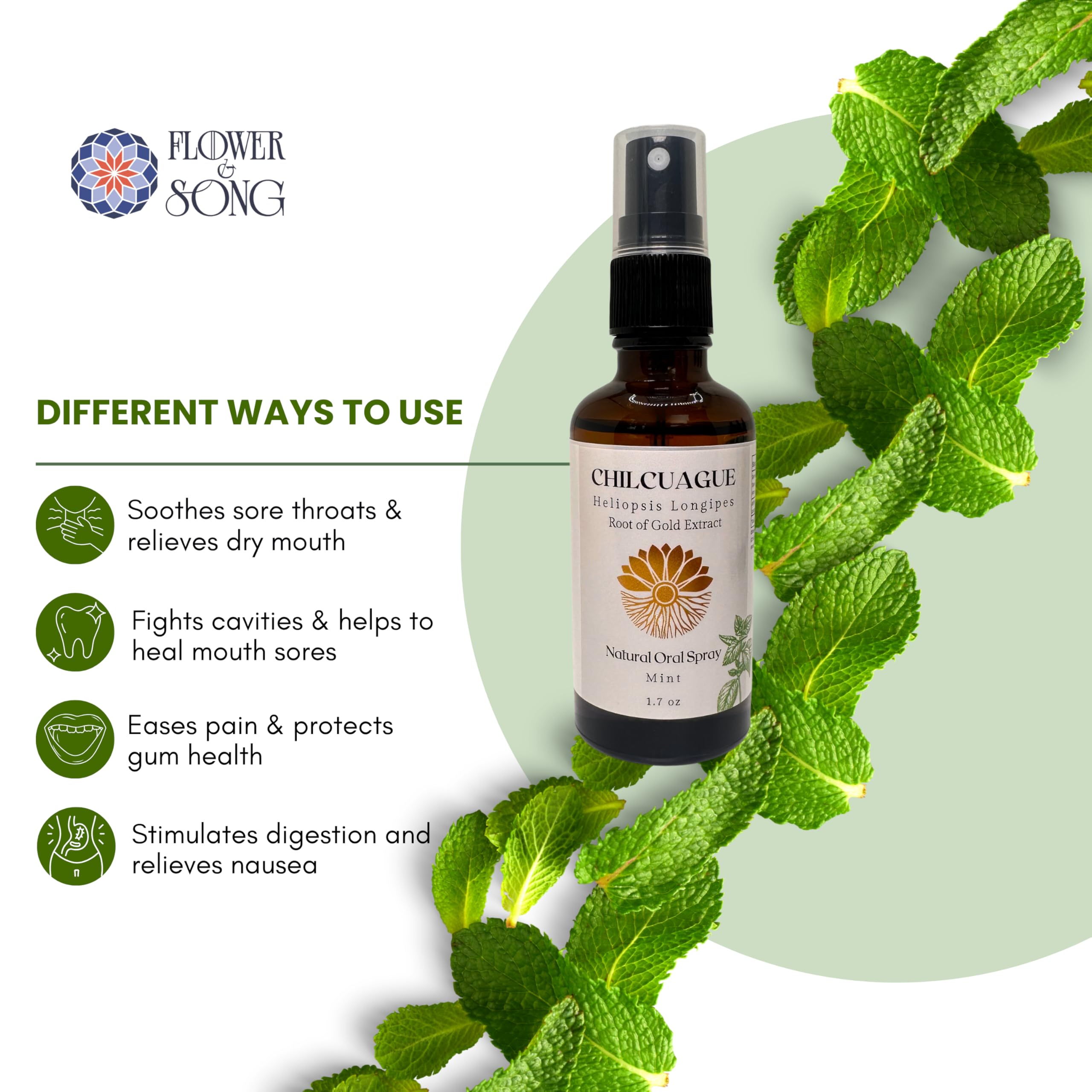 Etiqueta Flower & Song Chilcuague, frescura y cuidado bucal con ingredientes limpios.