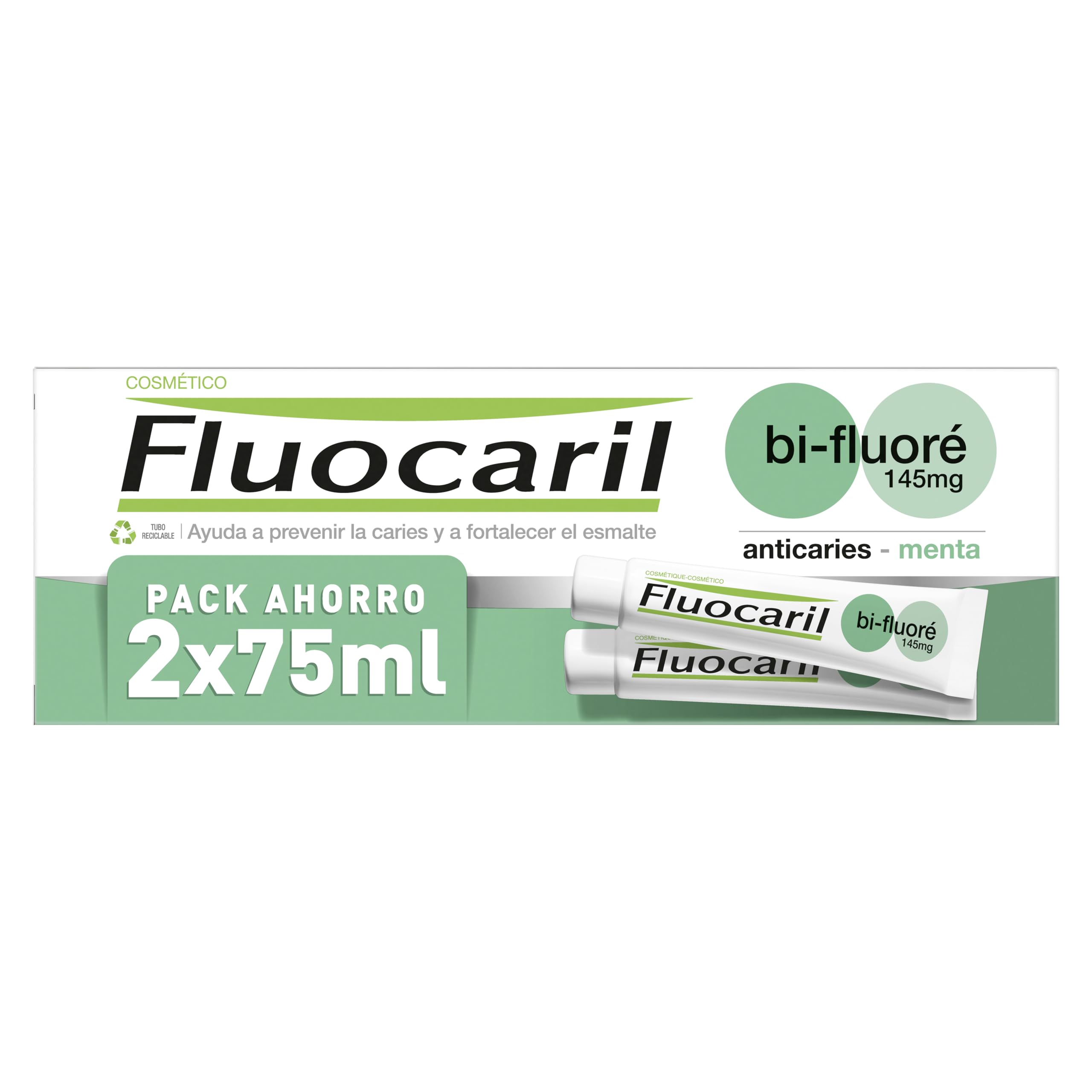 Fluocaril Bi-Fluore Duplo 145 mg mentas: envase principal para higiene diaria.
