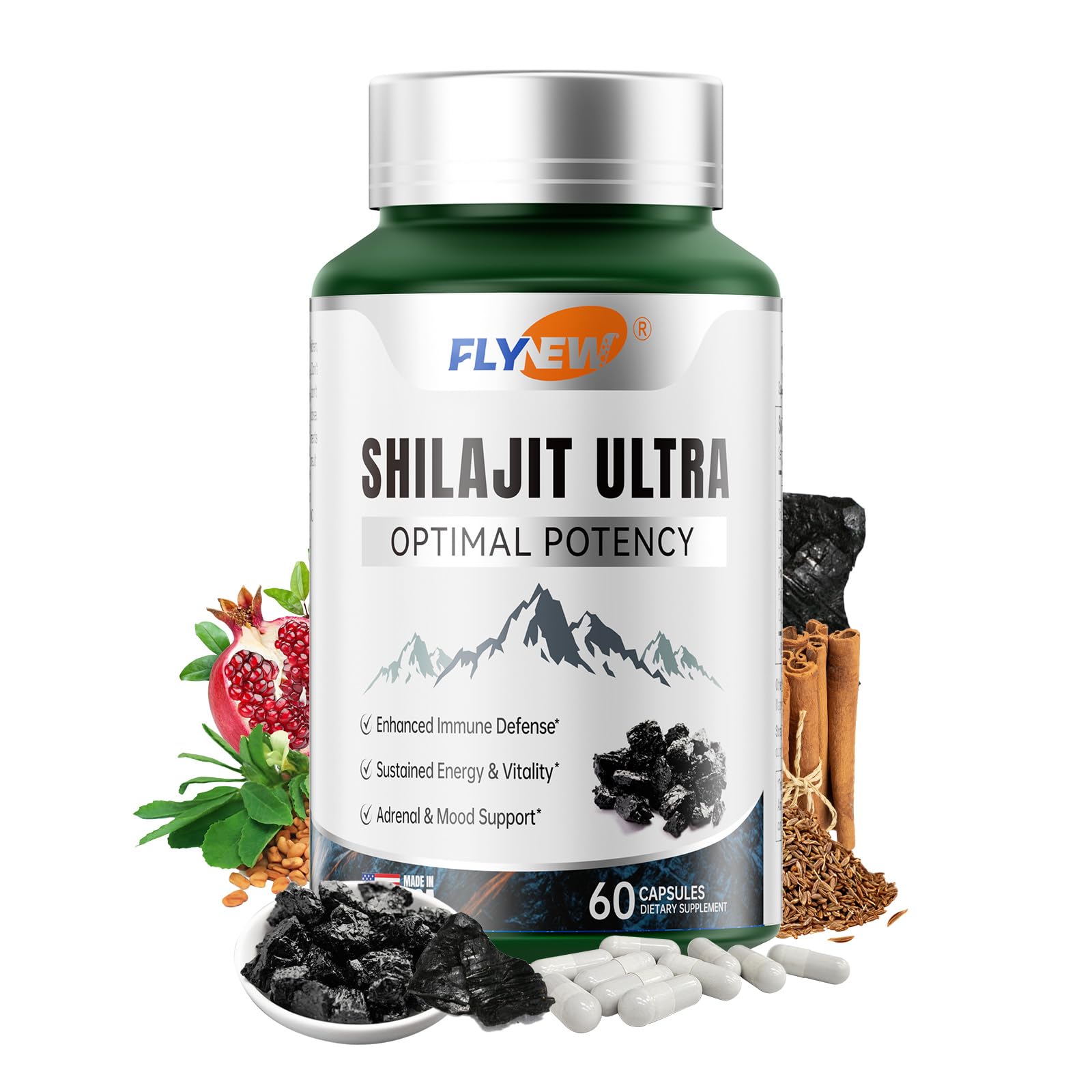 Flynew Shilajit cápsulas de 60 unidades para uso diario.
