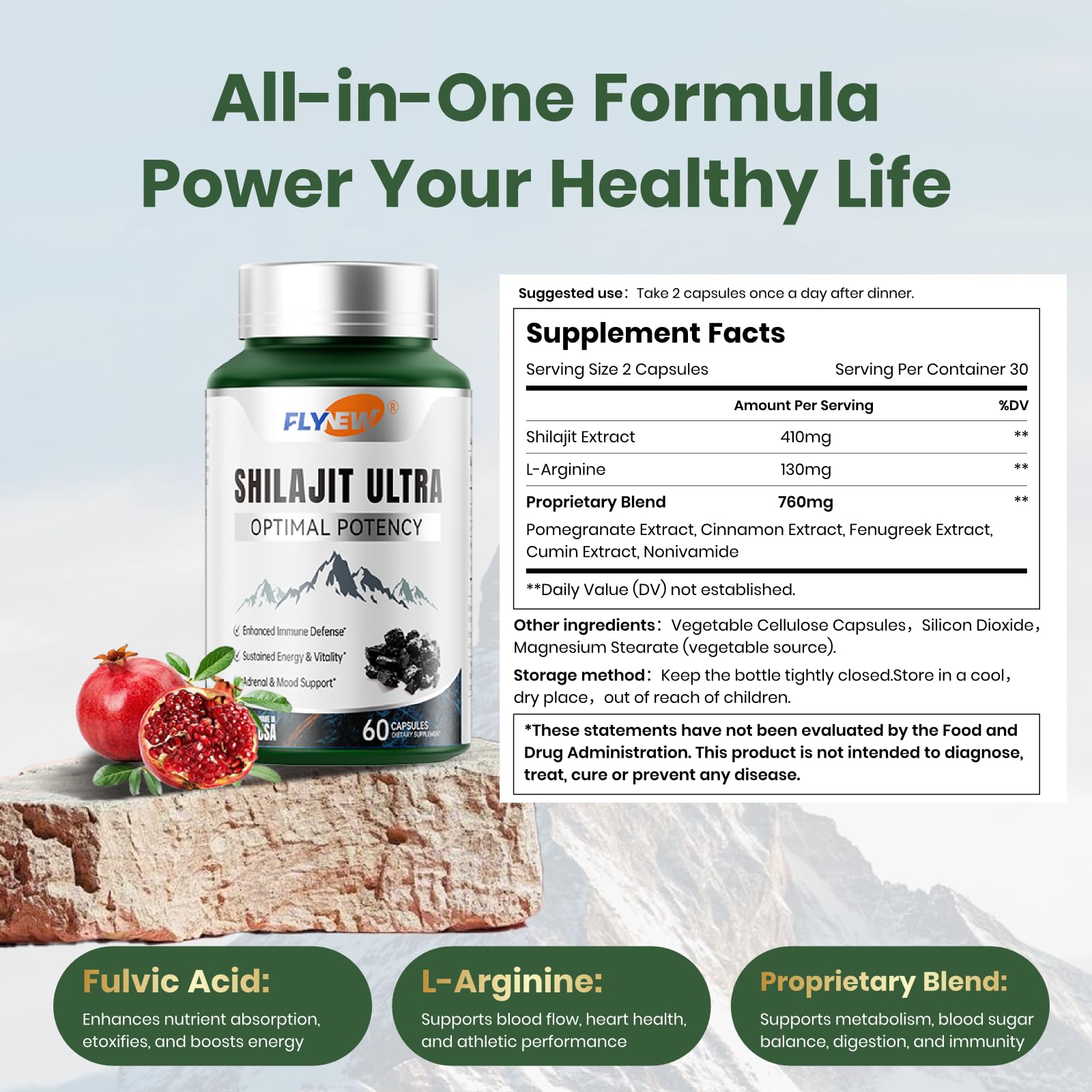 Flynew Shilajit cápsulas fáciles de tragar para absorción diaria.