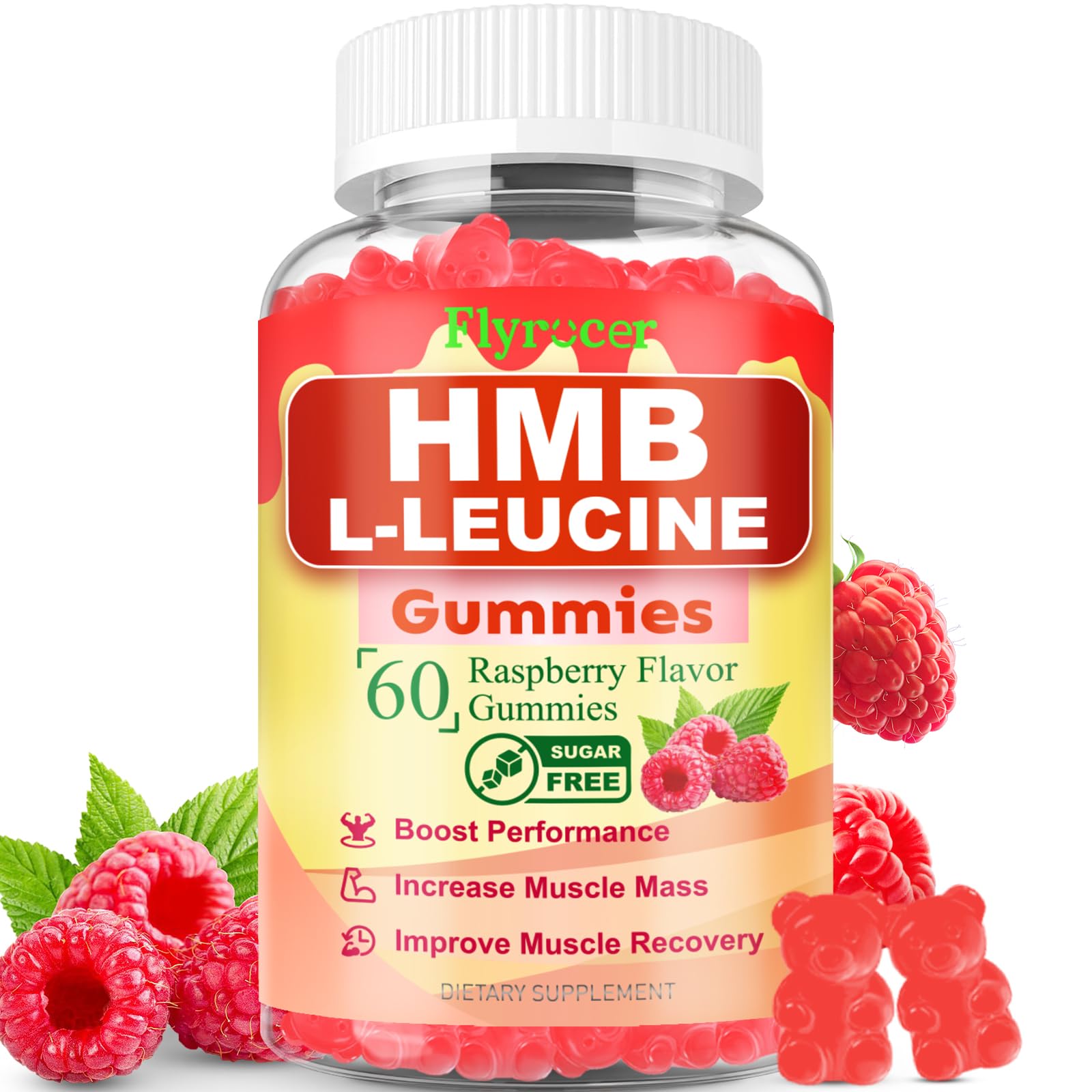 Botella Flyrocer con gominolas HMB y leucina para apoyo muscular.