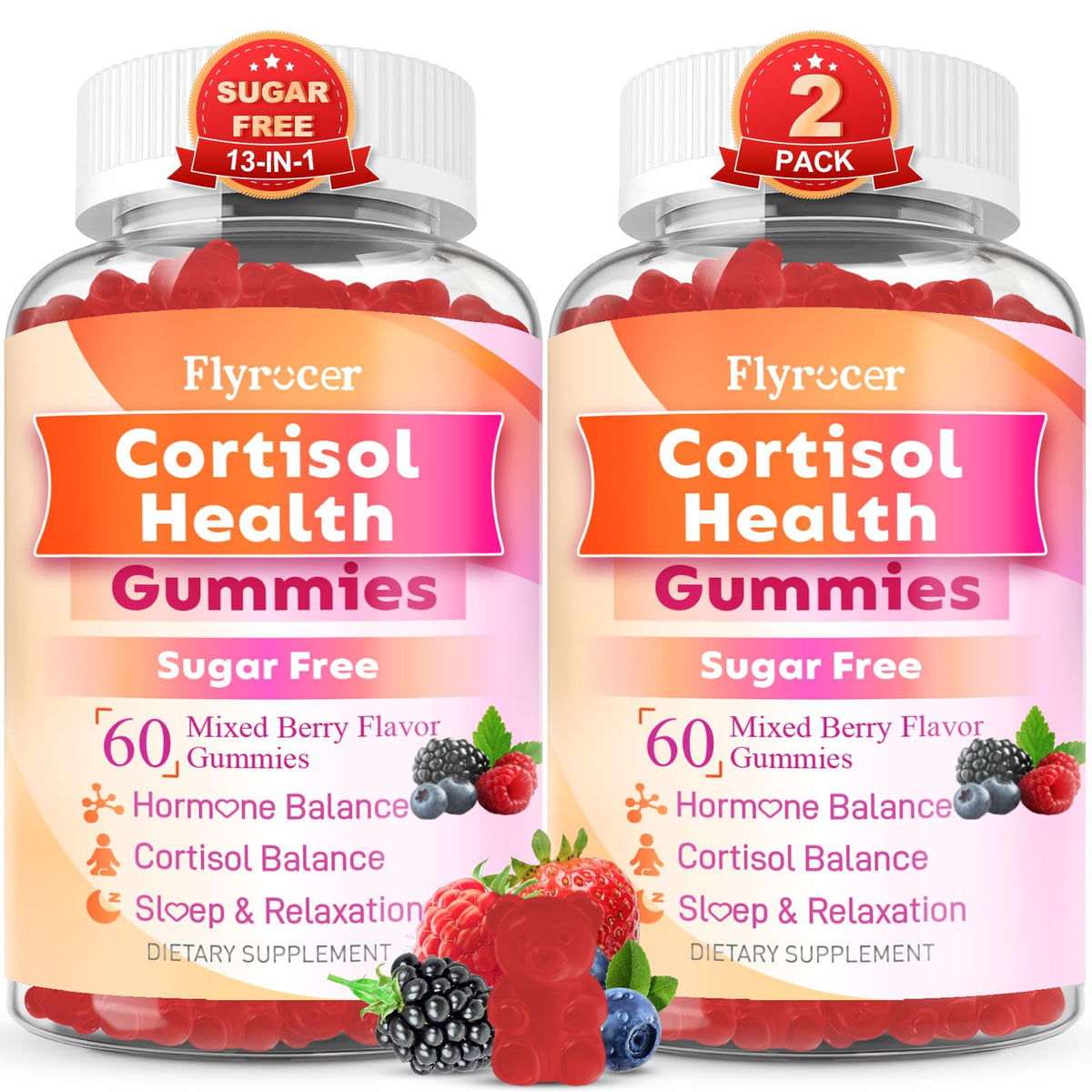 Flyrocer Cortisol Detox gomitas, empaque frontal; promueven calma diaria y enfoque.