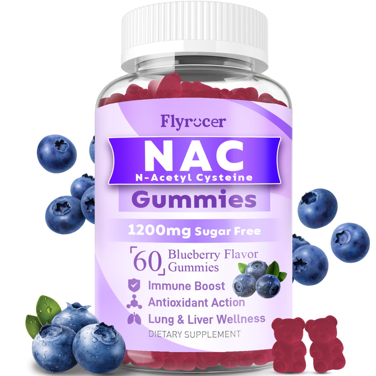 Flyrocer NAC Gummies, botella azul, sabor arándano, apoyo antioxidante diario