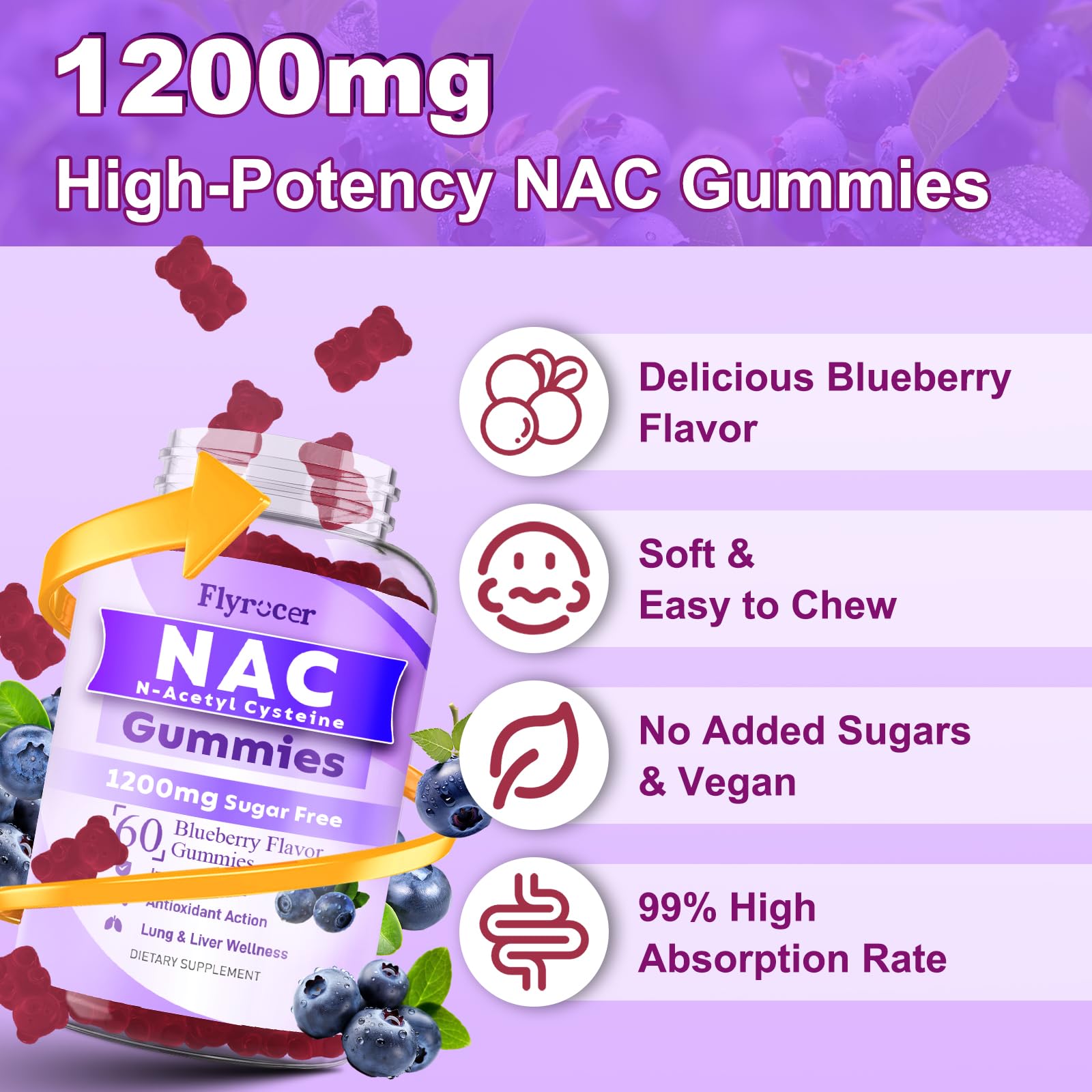Flyrocer NAC gomitas pectina vegetal: aptas para dietas veganas.