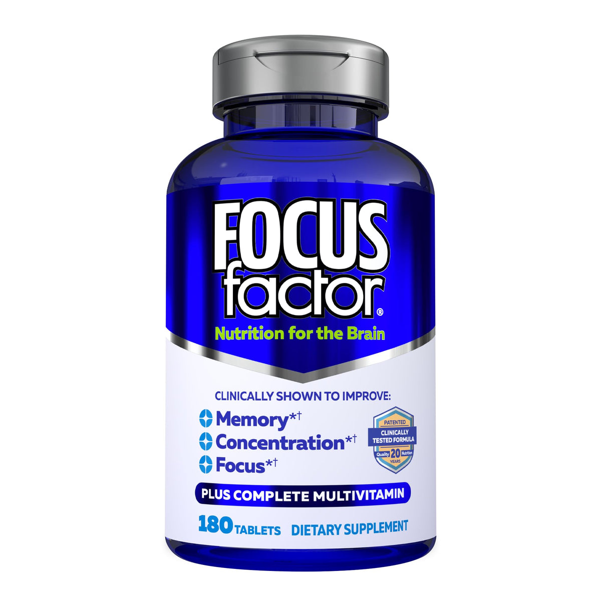Botella Focus Factor con 180 tabletas para apoyo diario de la memoria.