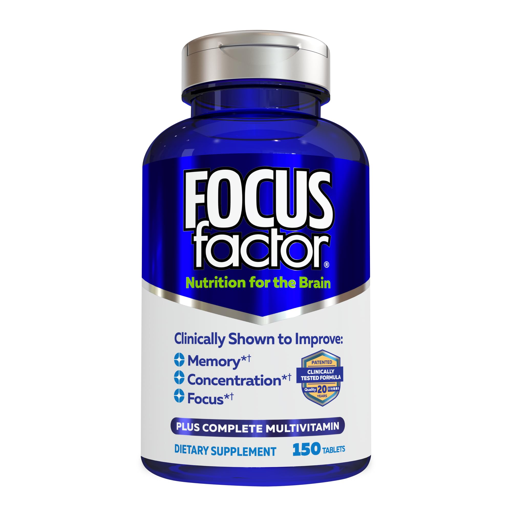 Focus Factor envase de 150 cápsulas para apoyo diario de memoria y concentración.