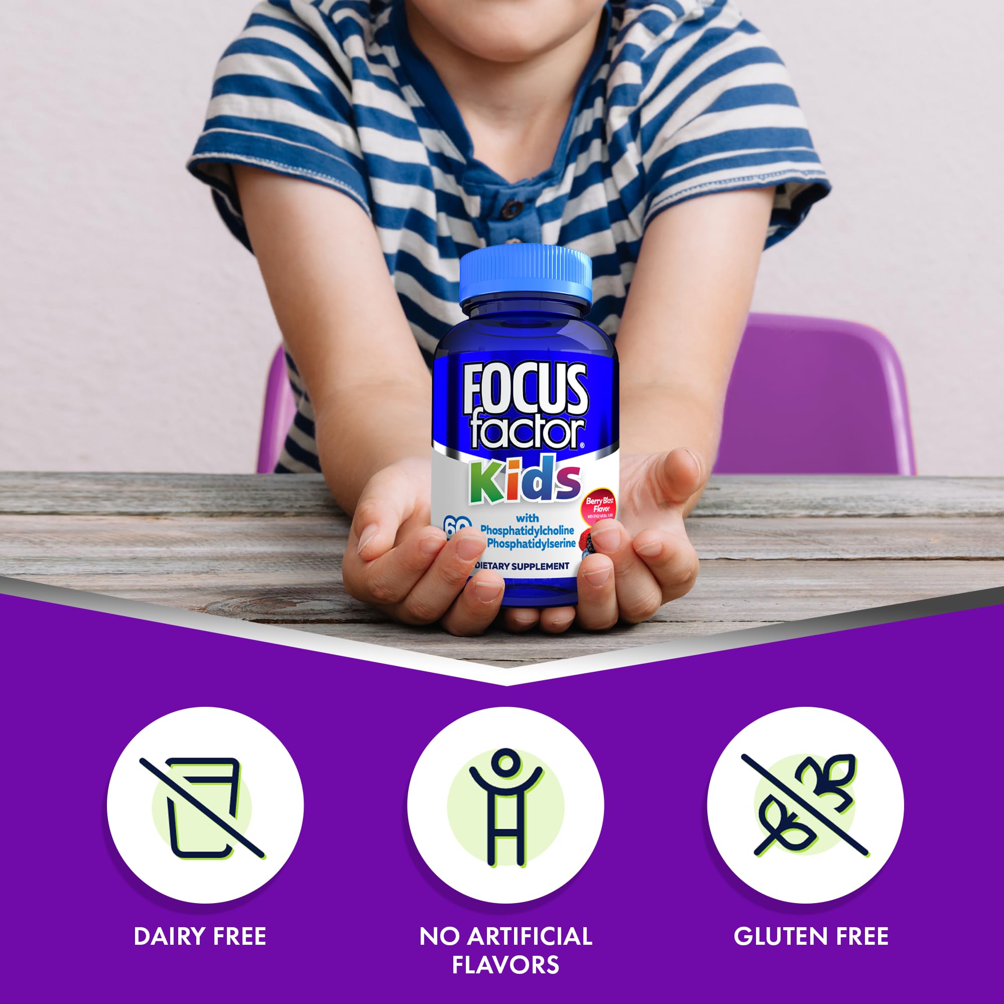 Focus Factor Kids: botella fabricada en EE. UU. en instalación certificada.