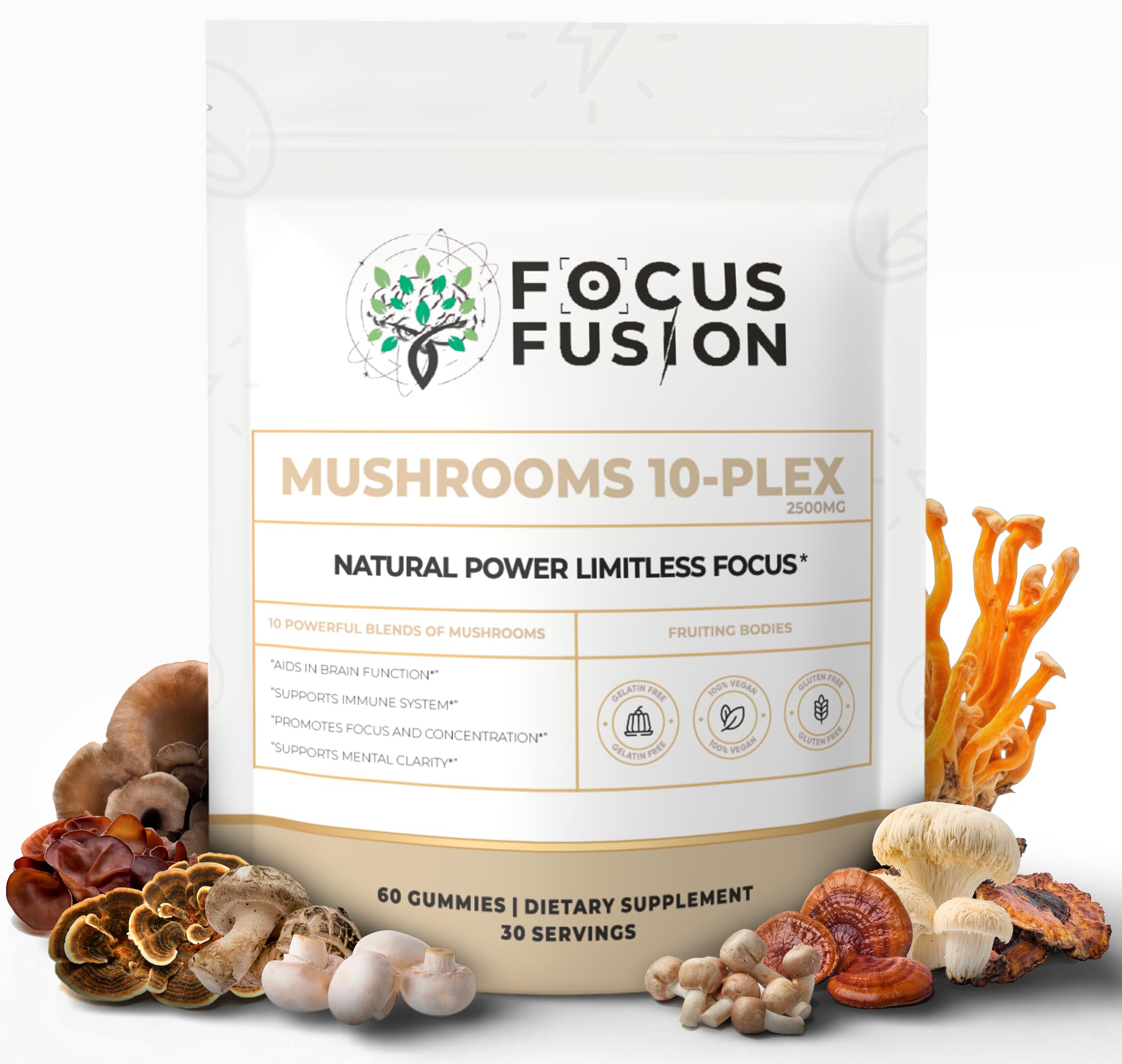 Focus Fusion gomitas 10-plex hongos fructíferos, sabor frambuesa para uso diario.
