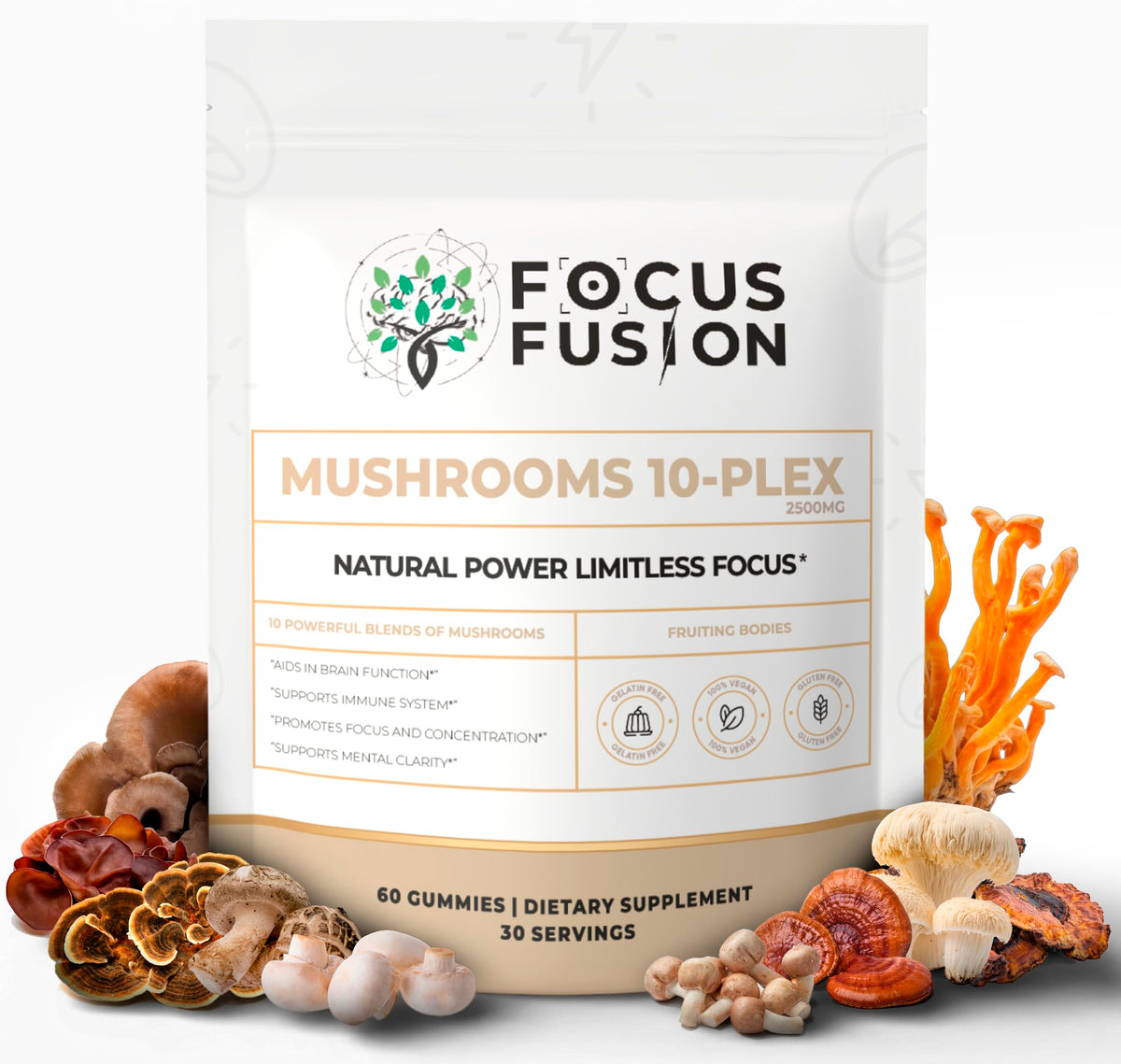 Focus Fusion gomitas 10-plex hongos fructíferos, sabor frambuesa para uso diario.