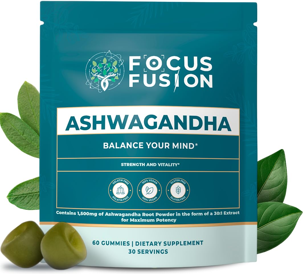 Gomitas Focus Fusion de ashwaganda en envase práctico para uso diario