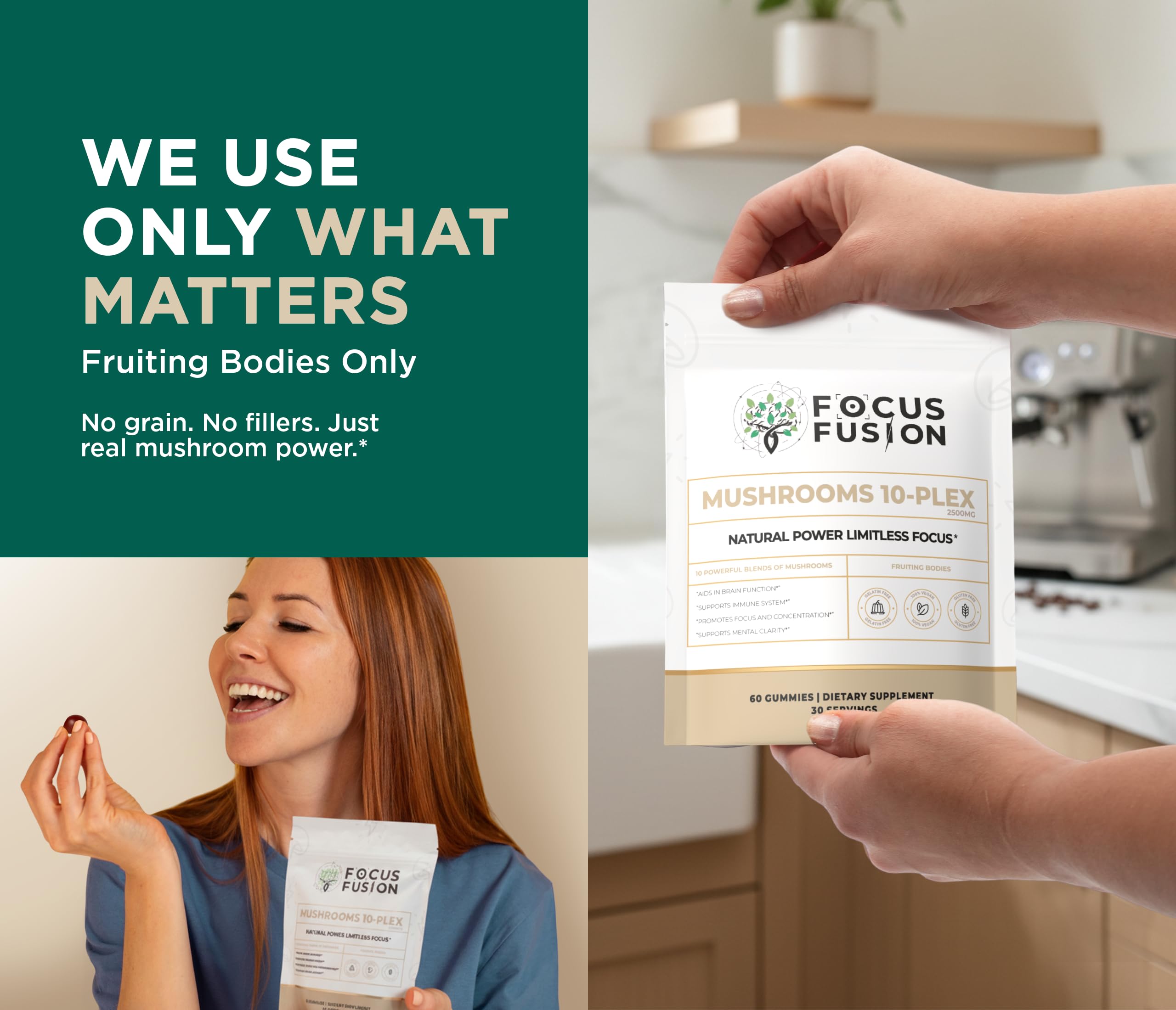 Focus Fusion producto vegano sin cafeína para energía suave.