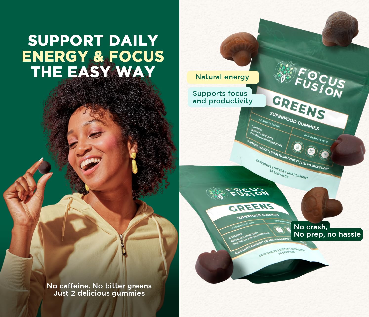 Gomitas Focus Fusion Supergreen, dorso del empaque con información clara