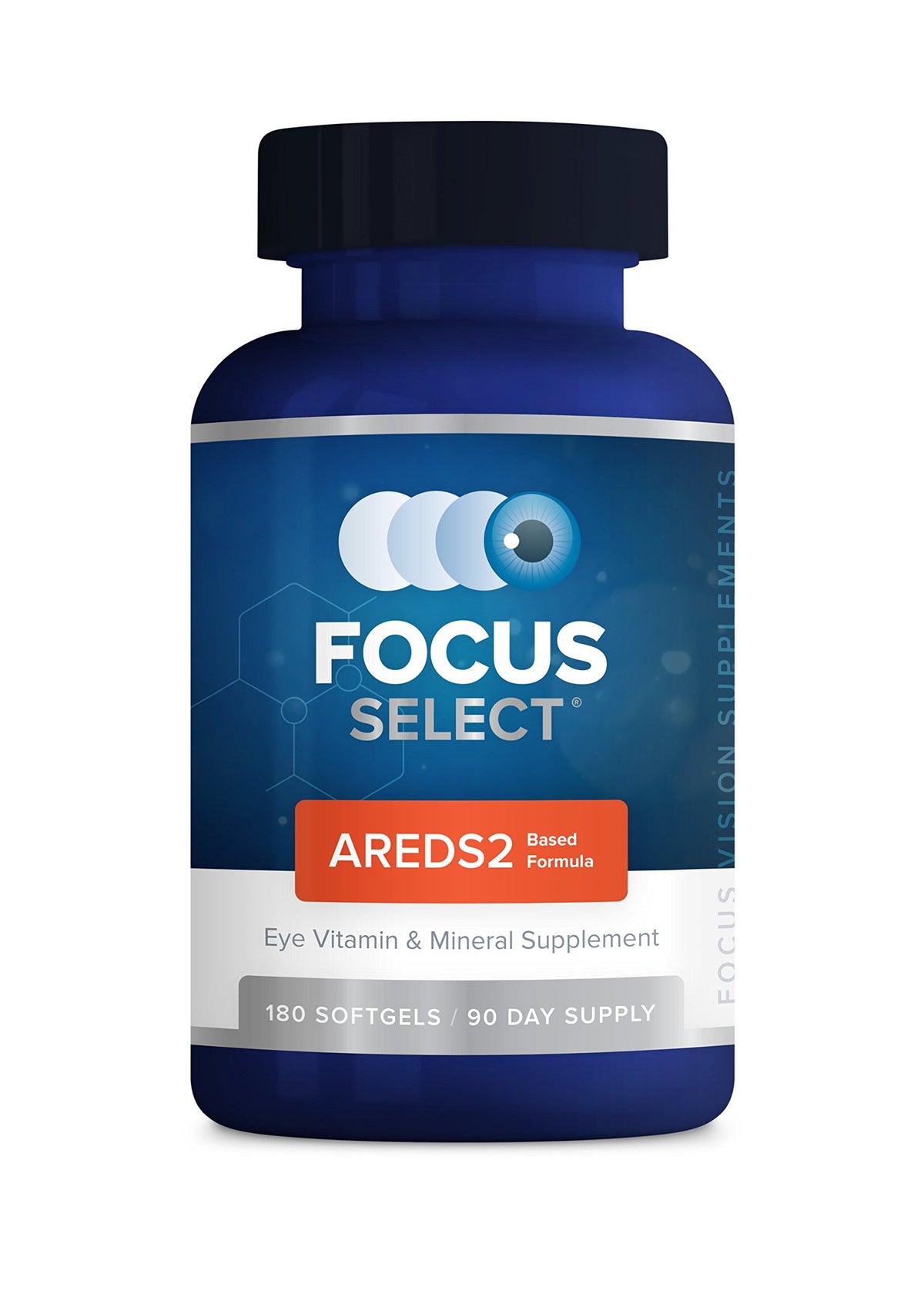 Envase de Focus Vision Suplementos AREDS2, 180 cápsulas para uso diario.