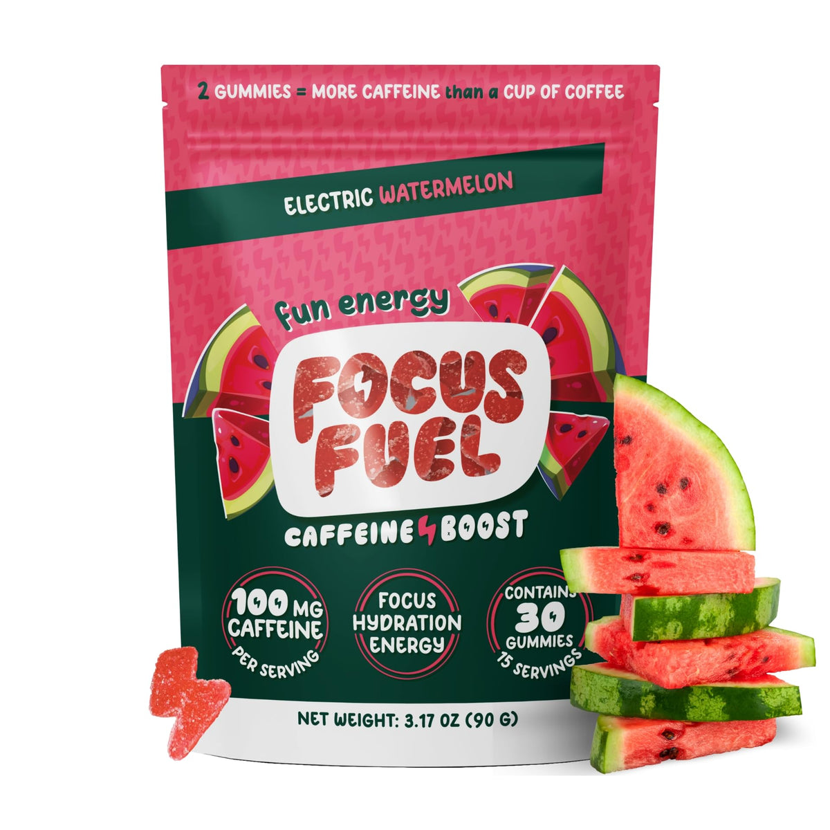 Gomitas FocusFuel sabor sandía en empaque frontal listas para llevar